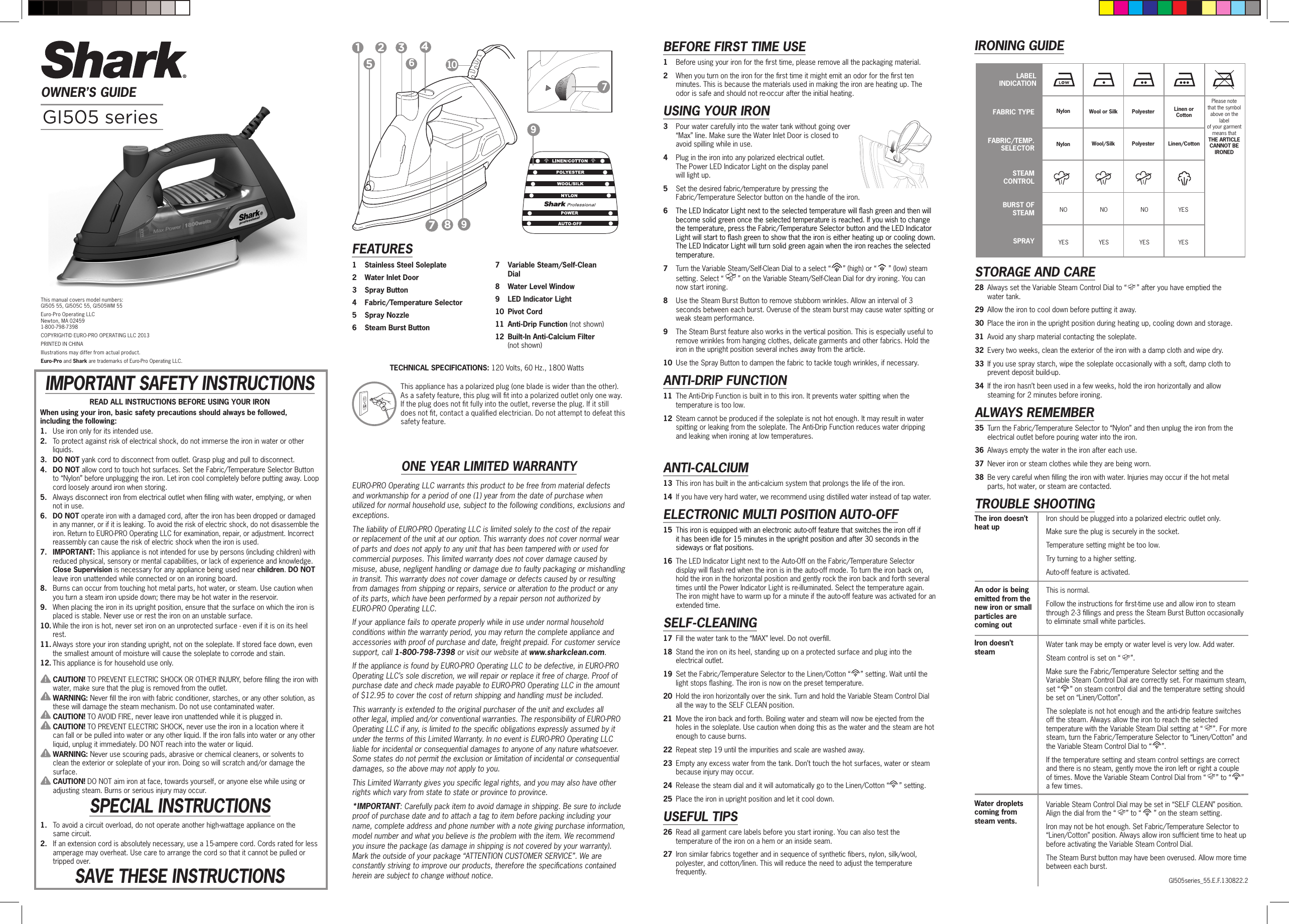 Page 1 of 2 - Shark Shark-Shark-Ultimate-Professional-Iron-Gi505-Users-Manual-  Shark-shark-ultimate-professional-iron-gi505-users-manual