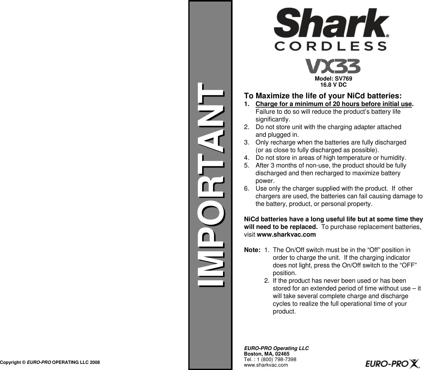 Page 1 of 8 - Shark Sv769  1 User Manual To The Eb05cc22-213c-4bbf-9e91-afdd7b48148d