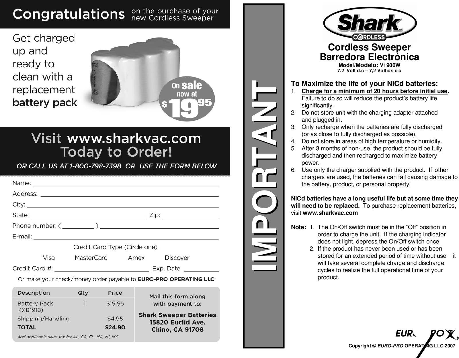 Page 1 of 1 - Shark V1900W User Manual  To The 0f78008f-fcfa-7974-0501-63d5f2dd7ba3