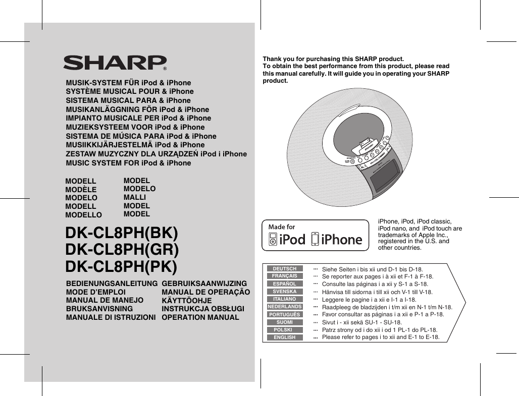 Sharp DK CL8PH(BK) CL8PH(BK)/(GR)/(PK) Operation Manual GB User To 