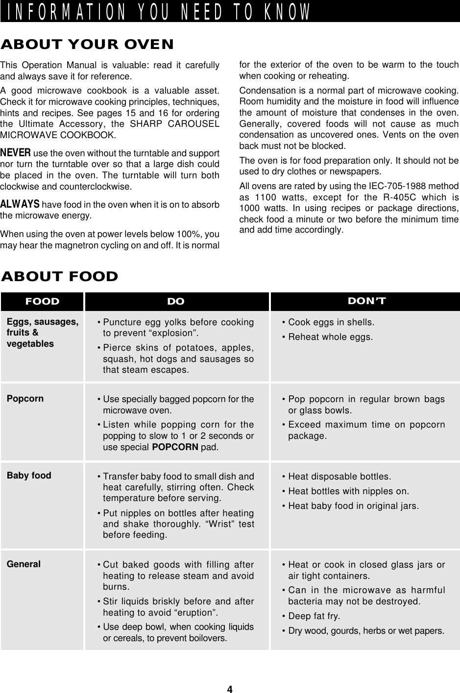 4INFORMATION YOU NEED TO KNOWABOUT YOUR OVENEggs, sausages,fruits &amp;vegetablesPopcornBaby foodGeneralABOUT FOOD• Puncture egg yolks before cookingto prevent “explosion”.• Pierce skins of potatoes, apples,squash, hot dogs and sausages sothat steam escapes.• Use specially bagged popcorn for themicrowave oven.• Listen while popping corn for thepopping to slow to 1 or 2 seconds oruse special POPCORN pad.• Transfer baby food to small dish andheat carefully, stirring often. Checktemperature before serving.• Put nipples on bottles after heatingand shake thoroughly. “Wrist” testbefore feeding.• Cut baked goods with filling afterheating to release steam and avoidburns.• Stir liquids briskly before and afterheating to avoid “eruption”.• Use deep bowl, when cooking liquidsor cereals, to prevent boilovers.• Cook eggs in shells.• Reheat whole eggs.• Pop popcorn in regular brown bagsor glass bowls.• Exceed maximum time on popcornpackage.• Heat disposable bottles.• Heat bottles with nipples on.• Heat baby food in original jars.• Heat or cook in closed glass jars orair tight containers.• Can in the microwave as harmfulbacteria may not be destroyed.• Deep fat fry.• Dry wood, gourds, herbs or wet papers.DO DON’TFOODThis Operation Manual is valuable: read it carefullyand always save it for reference.A good microwave cookbook is a valuable asset.Check it for microwave cooking principles, techniques,hints and recipes. See pages 15 and 16 for orderingthe Ultimate Accessory, the SHARP CAROUSELMICROWAVE COOKBOOK.NEVER use the oven without the turntable and supportnor turn the turntable over so that a large dish couldbe placed in the oven. The turntable will turn bothclockwise and counterclockwise.ALWAYS have food in the oven when it is on to absorbthe microwave energy.When using the oven at power levels below 100%, youmay hear the magnetron cycling on and off. It is normalfor the exterior of the oven to be warm to the touchwhen cooking or reheating.Condensation is a normal part of microwave cooking.Room humidity and the moisture in food will influencethe amount of moisture that condenses in the oven.Generally, covered foods will not cause as muchcondensation as uncovered ones. Vents on the ovenback must not be blocked.The oven is for food preparation only. It should not beused to dry clothes or newspapers.All ovens are rated by using the IEC-705-1988 methodas 1100 watts, except for the R-405C which is1000 watts. In using recipes or package directions,check food a minute or two before the minimum timeand add time accordingly.