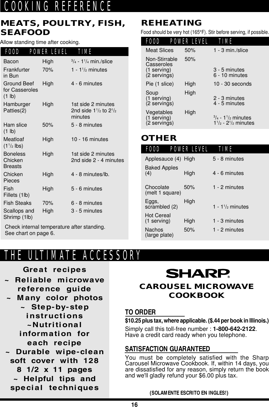 16TO ORDER$10.25 plus tax, where applicable. ($.44 per book in lllinois.)Simply call this toll-free number : 1-800-642-2122.Have a credit card ready when you telephone.SATISFACTION GUARANTEEDYou must be completely satisfied with the SharpCarousel Microwave Cookbook. If, within 14 days, youare dissatisfied for any reason, simply return the bookand we&apos;ll gladly refund your $6.00 plus tax.Great recipes~ Reliable microwavereference guide~ Many color photos~ Step-by-stepinstructions~Nutritionalinformation foreach recipe~ Durable wipe-cleansoft cover with 1288 1/2 x 11 pages~ Helpful tips andspecial techniquesCAROUSEL MICROWAVECOOKBOOKTHE ULTIMATE ACCESSORYCOOKING REFERENCEAllow standing time after cooking.  FOOD    POWER LEVEL    TIMEMEATS, POULTRY, FISH,SEAFOODBacon High 3/4 - 11/4 min./sliceFrankfurter 70% 1 - 11/2 minutesin BunGround Beef High 4 - 6 minutesfor Casseroles(1 lb)Hamburger High 1st side 2 minutesPatties(2) 2nd side 11/2 to 21/2minutesHam slice 50% 5 - 8 minutes(1 lb)Meatloaf High 10 - 16 minutes(11/2 lbs)Boneless High 1st side 2 minutesChicken 2nd side 2 - 4 minutesBreastsChicken High 4 - 8 minutes/lb.PiecesFish High 5 - 6 minutesFillets (1lb)Fish Steaks 70% 6 - 8 minutesScallops and High 3 - 5 minutesShrimp (1lb) Check internal temperature after standing. See chart on page 6.Food should be very hot (165°F). Stir before serving, if possible.  FOOD    POWER LEVEL    TIMEREHEATINGMeat Slices 50% 1 - 3 min./sliceNon-Stirrable 50%Casseroles(1 serving) 3 - 5 minutes(2 servings) 6 - 10 minutesPie (1 slice) High 10 - 30 secondsSoup High(1 serving) 2 - 3 minutes(2 servings) 4 - 5 minutesVegetables High(1 serving) 3/4 - 11/2 minutes(2 servings) 11/2 - 21/2 minutes  FOOD    POWER LEVEL    TIMEOTHERApplesauce (4) High 5 - 8 minutesBaked Apples(4) High 4 - 6 minutesChocolate 50% 1 - 2 minutes(melt 1 square)Eggs, Highscrambled (2) 1 - 11/2 minutesHot Cereal(1 serving) High 1 - 3 minutesNachos 50% 1 - 2 minutes(large plate)(SOLAMENTE ESCRITO EN INGLES!)