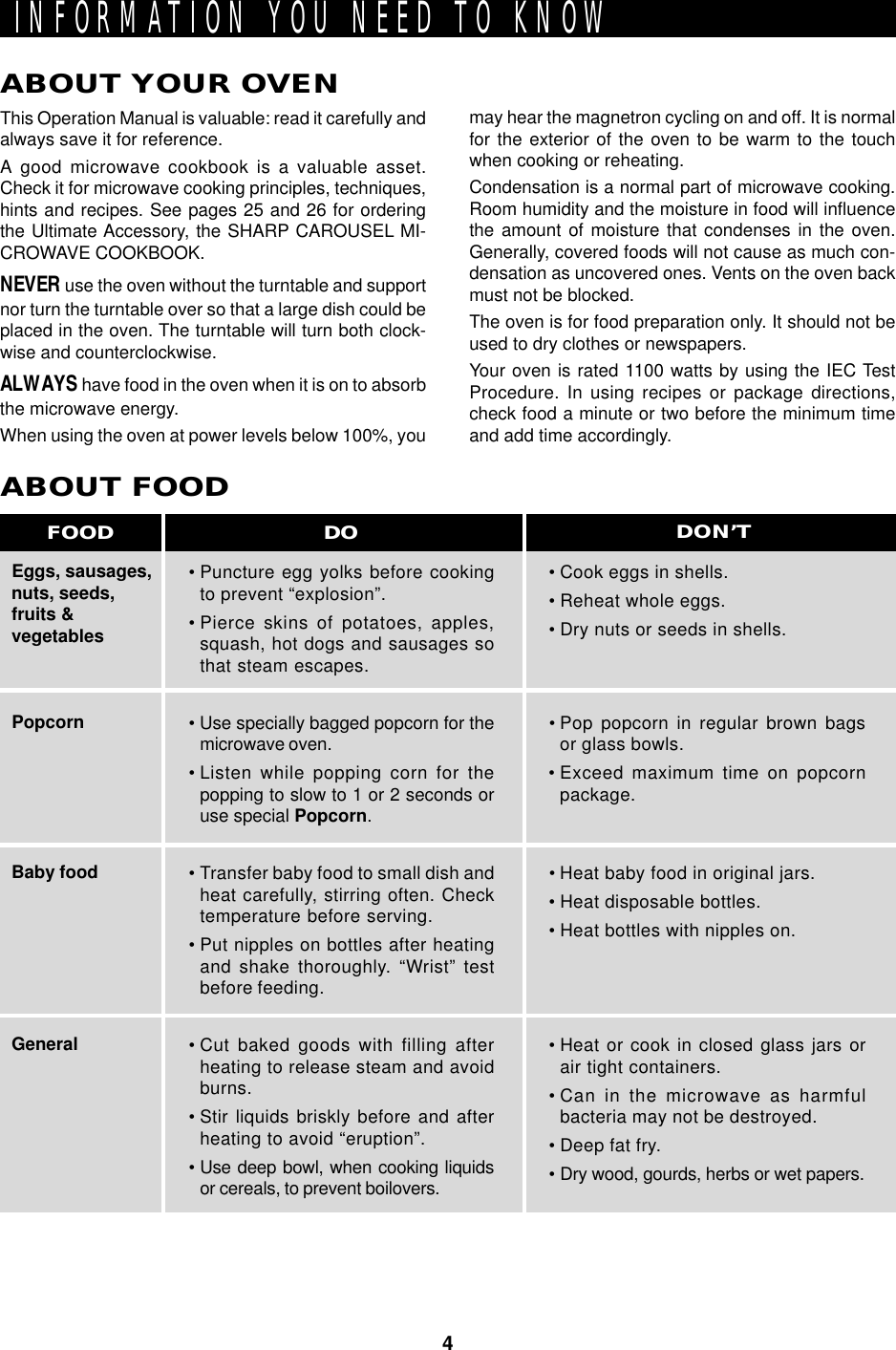 4INFORMATION YOU NEED TO KNOWABOUT YOUR OVENThis Operation Manual is valuable: read it carefully andalways save it for reference.A good microwave cookbook is a valuable asset.Check it for microwave cooking principles, techniques,hints and recipes. See pages 25 and 26 for orderingthe Ultimate Accessory, the SHARP CAROUSEL MI-CROWAVE COOKBOOK.NEVER use the oven without the turntable and supportnor turn the turntable over so that a large dish could beplaced in the oven. The turntable will turn both clock-wise and counterclockwise.ALWAYS have food in the oven when it is on to absorbthe microwave energy.When using the oven at power levels below 100%, youEggs, sausages,nuts, seeds,fruits &amp;vegetablesPopcornBaby foodGeneralABOUT FOOD• Puncture egg yolks before cookingto prevent “explosion”.• Pierce skins of potatoes, apples,squash, hot dogs and sausages sothat steam escapes.• Use specially bagged popcorn for themicrowave oven.• Listen while popping corn for thepopping to slow to 1 or 2 seconds oruse special Popcorn.• Transfer baby food to small dish andheat carefully, stirring often. Checktemperature before serving.• Put nipples on bottles after heatingand shake thoroughly. “Wrist” testbefore feeding.• Cut baked goods with filling afterheating to release steam and avoidburns.• Stir liquids briskly before and afterheating to avoid “eruption”.• Use deep bowl, when cooking liquidsor cereals, to prevent boilovers.• Cook eggs in shells.• Reheat whole eggs.• Dry nuts or seeds in shells.• Pop popcorn in regular brown bagsor glass bowls.• Exceed maximum time on popcornpackage.• Heat baby food in original jars.• Heat disposable bottles.• Heat bottles with nipples on.• Heat or cook in closed glass jars orair tight containers.• Can in the microwave as harmfulbacteria may not be destroyed.• Deep fat fry.• Dry wood, gourds, herbs or wet papers.DO DON’TFOODmay hear the magnetron cycling on and off. It is normalfor the exterior of the oven to be warm to the touchwhen cooking or reheating.Condensation is a normal part of microwave cooking.Room humidity and the moisture in food will influencethe amount of moisture that condenses in the oven.Generally, covered foods will not cause as much con-densation as uncovered ones. Vents on the oven backmust not be blocked.The oven is for food preparation only. It should not beused to dry clothes or newspapers.Your oven is rated 1100 watts by using the IEC TestProcedure. In using recipes or package directions,check food a minute or two before the minimum timeand add time accordingly.