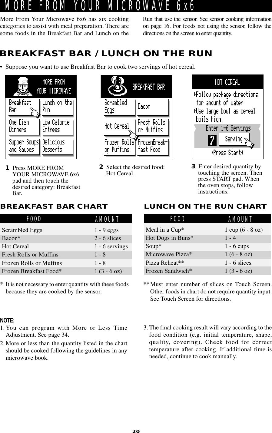 20MORE FROM YOUR MICROWAVE 6x6•  Suppose you want to use Breakfast Bar to cook two servings of hot cereal.BREAKFAST BAR / LUNCH ON THE RUNMore From Your Microwave 6x6 has six cookingcategories to assist with meal preparation. There aresome foods in the Breakfast Bar and Lunch on theRun that use the sensor. See sensor cooking informationon page 16. For foods not using the sensor, follow thedirections on the screen to enter quantity.2Select the desired food:Hot Cereal.1Press MORE FROMYOUR MICROWAVE 6x6pad and then touch thedesired category: BreakfastBar.3Enter desired quantity bytouching the screen. Thenpress START pad. Whenthe oven stops, followinstructions.BREAKFAST BAR CHART LUNCH ON THE RUN CHARTFOOD AMOUNT**Must enter number of slices on Touch Screen.Other foods in chart do not require quantity input.See Touch Screen for directions.NOTE:1.You can program with More or Less TimeAdjustment. See page 34.2. More or less than the quantity listed in the chartshould be cooked following the guidelines in anymicrowave book.3. The final cooking result will vary according to thefood condition (e.g. initial temperature, shape,quality, covering). Check food for correcttemperature after cooking. If additional time isneeded, continue to cook manually.* It is not necessary to enter quantity with these foodsbecause they are cooked by the sensor.FOOD AMOUNTScrambled EggsBacon*Hot CerealFresh Rolls or MuffinsFrozen Rolls or MuffinsFrozen Breakfast Food*1 - 9 eggs2 - 6 slices1 - 6 servings1 - 81 - 81 (3 - 6 oz)Meal in a Cup*Hot Dogs in Buns*Soup*Microwave Pizza*Pizza Reheat**Frozen Sandwich*1 cup (6 - 8 oz)1 - 41 - 6 cups1 (6 - 8 oz)1 - 6 slices1 (3 - 6 oz)