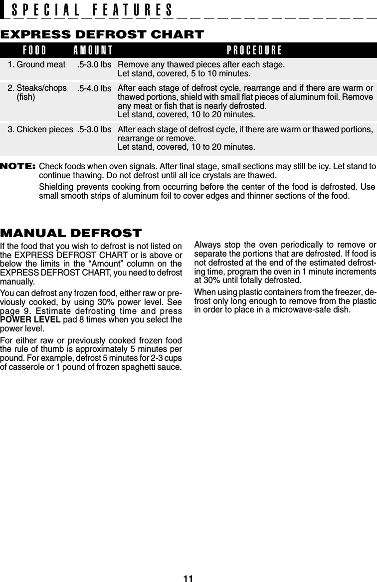 11SPECIAL FEATURESEXPRESS DEFROST CHARTRemove any thawed pieces after each stage.Let stand, covered, 5 to 10 minutes.After each stage of defrost cycle, rearrange and if there are warm orthawed portions, shield with small flat pieces of aluminum foil. Removeany meat or fish that is nearly defrosted.Let stand, covered, 10 to 20 minutes.After each stage of defrost cycle, if there are warm or thawed portions,rearrange or remove.Let stand, covered, 10 to 20 minutes..5-3.0 lbs.5-4.0 lbs.5-3.0 lbs1. Ground meat2. Steaks/chops(fish)3. Chicken piecesFOOD PROCEDUREAMOUNTNOTE:Check foods when oven signals. After final stage, small sections may still be icy. Let stand tocontinue thawing. Do not defrost until all ice crystals are thawed.Shielding prevents cooking from occurring before the center of the food is defrosted. Usesmall smooth strips of aluminum foil to cover edges and thinner sections of the food.MANUAL DEFROSTIf the food that you wish to defrost is not listed onthe EXPRESS DEFROST CHART or is above orbelow the limits in the “Amount” column on theEXPRESS DEFROST CHART, you need to defrostmanually.You can defrost any frozen food, either raw or pre-viously cooked, by using 30% power level. Seepage 9. Estimate defrosting time and pressPOWER LEVEL pad 8 times when you select thepower level.For either raw or previously cooked frozen foodthe rule of thumb is approximately 5 minutes perpound. For example, defrost 5 minutes for 2-3 cupsof casserole or 1 pound of frozen spaghetti sauce.Always stop the oven periodically to remove orseparate the portions that are defrosted. If food isnot defrosted at the end of the estimated defrost-ing time, program the oven in 1 minute incrementsat 30% until totally defrosted.When using plastic containers from the freezer, de-frost only long enough to remove from the plasticin order to place in a microwave-safe dish.