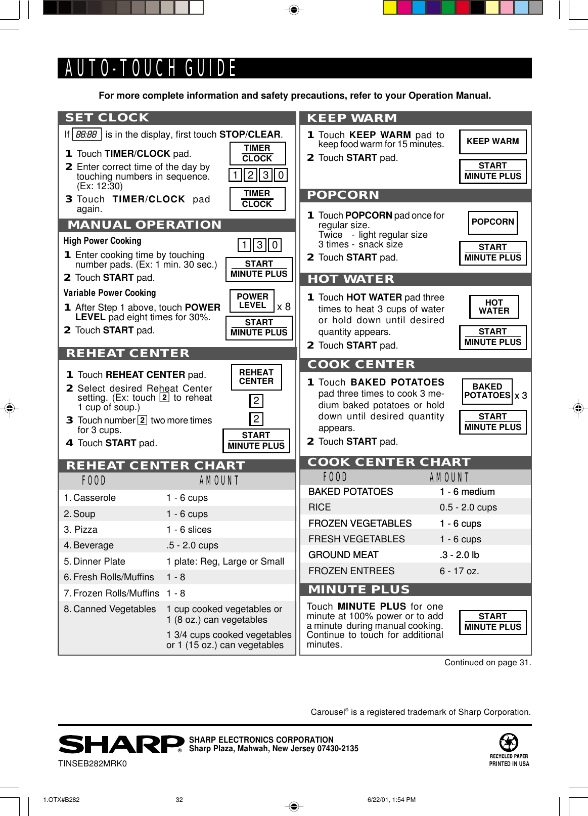 COOK CENTER CHARTFOOD AMOUNTBAKED POTATOESRICEFROZEN VEGETABLESFRESH VEGETABLESGROUND MEATFROZEN ENTREES1 - 6 medium0.5 - 2.0 cups1 - 6 cups1 - 6 cups.3 - 2.0 lb6 - 17 oz.FOOD AMOUNT1. Casserole2. Soup3. Pizza4. Beverage5. Dinner Plate6. Fresh Rolls/Muffins7. Frozen Rolls/Muffins8. Canned Vegetables1 - 6 cups1 - 6 cups1 - 6 slices.5 - 2.0 cups1 plate: Reg, Large or Small1 - 81 - 81 cup cooked vegetables or1 (8 oz.) can vegetables1 3/4 cups cooked vegetablesor 1 (15 oz.) can vegetablesREHEAT CENTER CHARTREHEAT CENTER1Touch REHEAT CENTER pad.2Select desired Reheat Centersetting. (Ex: touch 2 to reheat1 cup of soup.)3Touch number 2two more timesfor 3 cups.4Touch START pad.22REHEATCENTERSTARTMINUTE PLUSTINSEB282MRK0®SHARP ELECTRONICS CORPORATIONSharp Plaza, Mahwah, New Jersey 07430-2135PRINTED IN USAAUTO-TOUCH GUIDEFor more complete information and safety precautions, refer to your Operation Manual.SET CLOCK1Touch TIMER/CLOCK pad.2Enter correct time of the day bytouching numbers in sequence.(Ex: 12:30)3Touch  TIMER/CLOCK padagain.If   88:88    is in the display, first touch STOP/CLEAR.1230KEEP WARMCarousel® is a registered trademark of Sharp Corporation.TIMERCLOCKTIMERCLOCKSTARTMINUTE PLUSHigh Power Cooking1Enter cooking time by touchingnumber pads. (Ex: 1 min. 30 sec.)2Touch START pad.Variable Power Cooking1After Step 1 above, touch POWERLEVEL pad eight times for 30%.2Touch START pad.POWERLEVEL x 8STARTMINUTE PLUSSTARTMINUTE PLUSMANUAL OPERATION130POPCORNPOPCORNHOT WATERHOTWATERSTARTMINUTE PLUSKEEP WARMMINUTE PLUSSTARTMINUTE PLUSSTARTMINUTE PLUSCOOK CENTERx 3BAKEDPOTATOES1Touch KEEP WARM pad tokeep food warm for 15 minutes.2Touch START pad.1Touch POPCORN pad once forregular size.Twice - light regular size3 times - snack size2Touch START pad.1Touch HOT WATER pad threetimes to heat 3 cups of wateror hold down until desiredquantity appears.2Touch START pad.Touch MINUTE PLUS for oneminute at 100% power or to adda minute  during manual cooking.Continue to touch for additionalminutes.1Touch BAKED POTATOESpad three times to cook 3 me-dium baked potatoes or holddown until desired quantityappears.2Touch START pad.Continued on page 31.COOK CENTER CHARTFOOD AMOUNTBAKED POTATOESRICEFROZEN VEGETABLESFRESH VEGETABLESGROUND MEATFROZEN ENTREES1 - 6 medium0.5 - 2.0 cups1 - 6 cups1 - 6 cups.3 - 2.0 lb6 - 17 oz.COOK CENTERx 3STARTMINUTE PLUS1.OTX#B282 6/22/01, 1:54 PM32