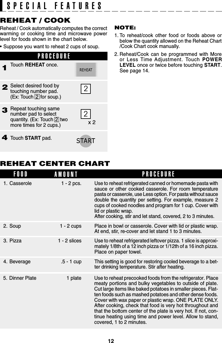 12Reheat / Cook automatically computes the correctwarming or cooking time and microwave powerlevel for foods shown in the chart below.•Suppose you want to reheat 2 cups of soup.34Touch START pad.Touch REHEAT once.REHEAT / COOK NOTE:1. To reheat/cook other food or foods above orbelow the quantity allowed on the Reheat Chart/Cook Chart cook manually.2. Reheat/Cook can be programmed with Moreor Less Time Adjustment. Touch POWERLEVEL once or twice before touching START.See page 14.FOOD AMOUNTREHEAT CENTER CHARTPROCEDURESPECIAL FEATURESPROCEDURE12Select desired food bytouching number pad.(Ex: Touch     for soup.)2Repeat touching samenumber pad to selectquantity. (Ex: Touch     twomore times for 2 cups.)2x 2221. Casserole 1 - 2 pcs. Use to reheat refrigerated canned or homemade pasta withsauce or other cooked casserole. For room temperaturepasta or casserole, use Less option. For pasta without saucedouble the quantity per setting. For example, measure 2cups of cooked noodles and program for 1 cup. Cover withlid or plastic wrap.After cooking, stir and let stand, covered, 2 to 3 minutes.Use to reheat refrigerated leftover pizza. 1 slice is approxi-mately 1/8th of a 12 inch pizza or 1/12th of a 16 inch pizza.Place on paper towel.3. Pizza 1 - 2 slicesPlace in bowl or casserole. Cover with lid or plastic wrap.At end, stir, re-cover and let stand 1 to 3 minutes.2. Soup 1 - 2 cupsThis setting is good for restoring cooled beverage to a bet-ter drinking temperature. Stir after heating.4. Beverage .5 - 1 cupUse to reheat precooked foods from the refrigerator. Placemeaty portions and bulky vegetables to outside of plate.Cut large items like baked potatoes in smaller pieces. Flat-ten foods such as mashed potatoes and other dense foods.Cover with wax paper or plastic wrap. ONE PLATE ONLY.After cooking, check that food is very hot throughout andthat the bottom center of the plate is very hot. If not, con-tinue heating using time and power level. Allow to stand,covered, 1 to 2 minutes.5. Dinner Plate 1 plate