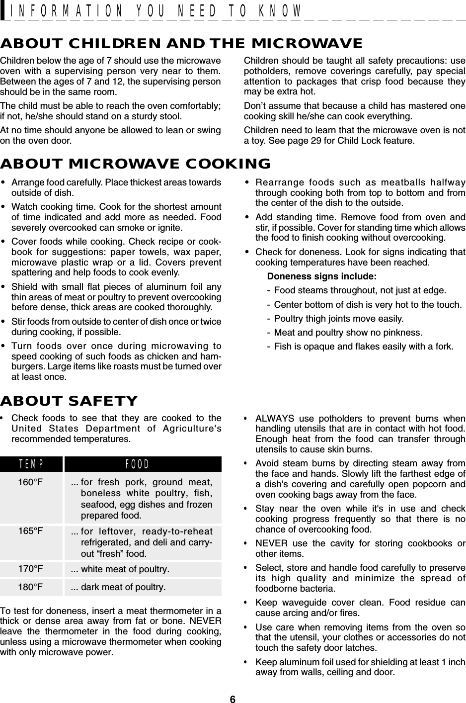 6ABOUT MICROWAVE COOKING•Arrange food carefully. Place thickest areas towardsoutside of dish.•Watch cooking time. Cook for the shortest amountof time indicated and add more as needed. Foodseverely overcooked can smoke or ignite.•Cover foods while cooking. Check recipe or cook-book for suggestions: paper towels, wax paper,microwave plastic wrap or a lid. Covers preventspattering and help foods to cook evenly.•Shield with small flat pieces of aluminum foil anythin areas of meat or poultry to prevent overcookingbefore dense, thick areas are cooked thoroughly.•Stir foods from outside to center of dish once or twiceduring cooking, if possible.•Turn foods over once during microwaving tospeed cooking of such foods as chicken and ham-burgers. Large items like roasts must be turned overat least once.INFORMATION YOU NEED TO KNOW•Rearrange foods such as meatballs halfwaythrough cooking both from top to bottom and fromthe center of the dish to the outside.•Add standing time. Remove food from oven andstir, if possible. Cover for standing time which allowsthe food to finish cooking without overcooking.•Check for doneness. Look for signs indicating thatcooking temperatures have been reached.Doneness signs include:- Food steams throughout, not just at edge.- Center bottom of dish is very hot to the touch.- Poultry thigh joints move easily.- Meat and poultry show no pinkness.- Fish is opaque and flakes easily with a fork.Children should be taught all safety precautions: usepotholders, remove coverings carefully, pay specialattention to packages that crisp food because theymay be extra hot.Don’t assume that because a child has mastered onecooking skill he/she can cook everything.Children need to learn that the microwave oven is nota toy. See page 29 for Child Lock feature.ABOUT CHILDREN AND THE MICROWAVEChildren below the age of 7 should use the microwaveoven with a supervising person very near to them.Between the ages of 7 and 12, the supervising personshould be in the same room.The child must be able to reach the oven comfortably;if not, he/she should stand on a sturdy stool.At no time should anyone be allowed to lean or swingon the oven door.•Check foods to see that they are cooked to theUnited States Department of Agriculture&apos;srecommended temperatures.To test for doneness, insert a meat thermometer in athick or dense area away from fat or bone. NEVERleave the thermometer in the food during cooking,unless using a microwave thermometer when cookingwith only microwave power.•ALWAYS use potholders to prevent burns whenhandling utensils that are in contact with hot food.Enough heat from the food can transfer throughutensils to cause skin burns.•Avoid steam burns by directing steam away fromthe face and hands. Slowly lift the farthest edge ofa dish&apos;s covering and carefully open popcorn andoven cooking bags away from the face.•Stay near the oven while it&apos;s in use and checkcooking progress frequently so that there is nochance of overcooking food.•NEVER use the cavity for storing cookbooks orother items.•Select, store and handle food carefully to preserveits high quality and minimize the spread offoodborne bacteria.•Keep waveguide cover clean. Food residue cancause arcing and/or fires.•Use care when removing items from the oven sothat the utensil, your clothes or accessories do nottouch the safety door latches.•Keep aluminum foil used for shielding at least 1 inchaway from walls, ceiling and door.ABOUT SAFETY... for fresh pork, ground meat,boneless white poultry, fish,seafood, egg dishes and frozenprepared food.... for leftover, ready-to-reheatrefrigerated, and deli and carry-out “fresh” food.... white meat of poultry.... dark meat of poultry.160°FTEMP FOOD165°F170°F180°F