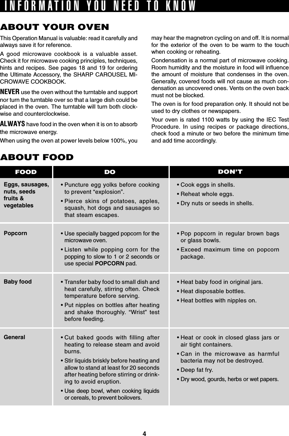 4INFORMATION YOU NEED TO KNOWABOUT YOUR OVENThis Operation Manual is valuable: read it carefully andalways save it for reference.A good microwave cookbook is a valuable asset.Check it for microwave cooking principles, techniques,hints and recipes. See pages 18 and 19 for orderingthe Ultimate Accessory, the SHARP CAROUSEL MI-CROWAVE COOKBOOK.NEVER use the oven without the turntable and supportnor turn the turntable over so that a large dish could beplaced in the oven. The turntable will turn both clock-wise and counterclockwise.ALWAYS have food in the oven when it is on to absorbthe microwave energy.When using the oven at power levels below 100%, youEggs, sausages,nuts, seedsfruits &amp;vegetablesPopcornBaby foodGeneralABOUT FOOD•Puncture egg yolks before cookingto prevent “explosion”.•Pierce skins of potatoes, apples,squash, hot dogs and sausages sothat steam escapes.• Use specially bagged popcorn for themicrowave oven.•Listen while popping corn for thepopping to slow to 1 or 2 seconds oruse special POPCORN pad.•Transfer baby food to small dish andheat carefully, stirring often. Checktemperature before serving.•Put nipples on bottles after heatingand shake thoroughly. “Wrist” testbefore feeding.•Cut baked goods with filling afterheating to release steam and avoidburns.•Stir liquids briskly before heating andallow to stand at least for 20 secondsafter heating before stirring or drink-ing to avoid eruption.•Use deep bowl, when cooking liquidsor cereals, to prevent boilovers.•Cook eggs in shells.•Reheat whole eggs.•Dry nuts or seeds in shells.•Pop popcorn in regular brown bagsor glass bowls.•Exceed maximum time on popcornpackage.•Heat baby food in original jars.•Heat disposable bottles.•Heat bottles with nipples on.•Heat or cook in closed glass jars orair tight containers.•Can in the microwave as harmfulbacteria may not be destroyed.•Deep fat fry.•Dry wood, gourds, herbs or wet papers.DO DON’TFOODmay hear the magnetron cycling on and off. It is normalfor the exterior of the oven to be warm to the touchwhen cooking or reheating.Condensation is a normal part of microwave cooking.Room humidity and the moisture in food will influencethe amount of moisture that condenses in the oven.Generally, covered foods will not cause as much con-densation as uncovered ones. Vents on the oven backmust not be blocked.The oven is for food preparation only. It should not beused to dry clothes or newspapers.Your oven is rated 1100 watts by using the IEC TestProcedure. In using recipes or package directions,check food a minute or two before the minimum timeand add time accordingly.