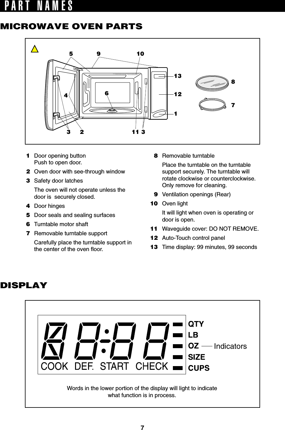 7IndicatorsPART NAMES1Door opening buttonPush to open door.2Oven door with see-through window3Safety door latchesThe oven will not operate unless thedoor is  securely closed.4Door hinges5Door seals and sealing surfaces6Turntable motor shaft7Removable turntable supportCarefully place the turntable support inthe center of the oven floor.8Removable turntablePlace the turntable on the turntablesupport securely. The turntable willrotate clockwise or counterclockwise.Only remove for cleaning.9Ventilation openings (Rear)10 Oven lightIt will light when oven is operating ordoor is open.11 Waveguide cover: DO NOT REMOVE.12 Auto-Touch control panel13 Time display: 99 minutes, 99 secondsMICROWAVE OVEN PARTSDISPLAYWords in the lower portion of the display will light to indicatewhat function is in process.1213159 10324611 387
