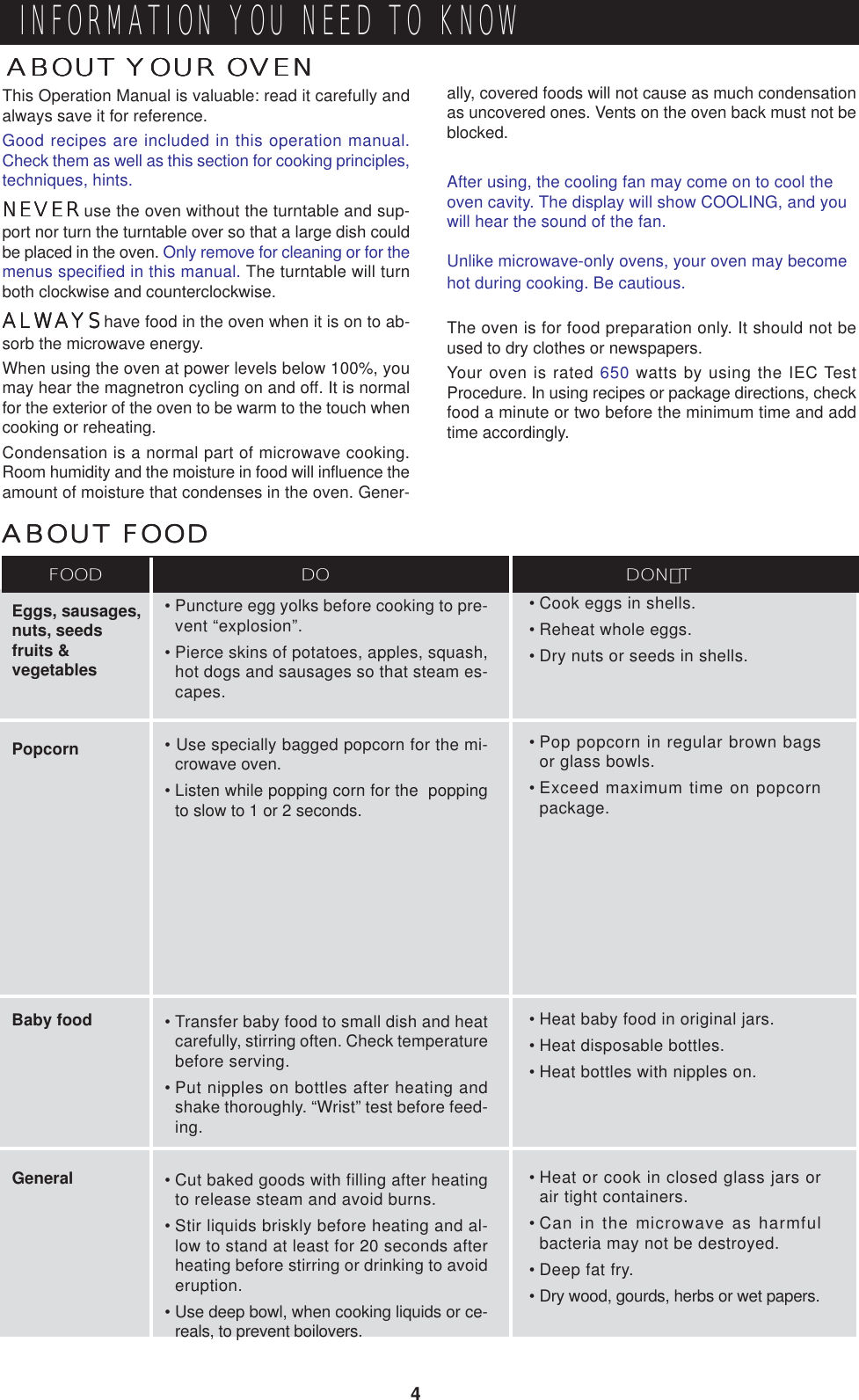 4INFORMATION YOU NEED TO KNOWABOUT YOUR OVENABOUT YOUR OVENABOUT YOUR OVENABOUT YOUR OVENABOUT YOUR OVENEggs, sausages,nuts, seedsfruits &amp;vegetablesPopcornBaby foodGeneralABOUT FOODABOUT FOODABOUT FOODABOUT FOODABOUT FOOD•Puncture egg yolks before cooking to pre-vent “explosion”.•Pierce skins of potatoes, apples, squash,hot dogs and sausages so that steam es-capes.• Use specially bagged popcorn for the mi-crowave oven.•Listen while popping corn for the  poppingto slow to 1 or 2 seconds.•Transfer baby food to small dish and heatcarefully, stirring often. Check temperaturebefore serving.•Put nipples on bottles after heating andshake thoroughly. “Wrist” test before feed-ing.•Cut baked goods with filling after heatingto release steam and avoid burns.•Stir liquids briskly before heating and al-low to stand at least for 20 seconds afterheating before stirring or drinking to avoideruption.•Use deep bowl, when cooking liquids or ce-reals, to prevent boilovers.•Cook eggs in shells.•Reheat whole eggs.•Dry nuts or seeds in shells.•Pop popcorn in regular brown bagsor glass bowls.•Exceed maximum time on popcornpackage.•Heat baby food in original jars.•Heat disposable bottles.•Heat bottles with nipples on.•Heat or cook in closed glass jars orair tight containers.•Can in the microwave as harmfulbacteria may not be destroyed.•Deep fat fry.•Dry wood, gourds, herbs or wet papers.DO DONﾕTFOODThis Operation Manual is valuable: read it carefully andalways save it for reference.Good recipes are included in this operation manual.Check them as well as this section for cooking principles,techniques, hints.NEVERNEVERNEVERNEVERNEVER use the oven without the turntable and sup-port nor turn the turntable over so that a large dish couldbe placed in the oven. Only remove for cleaning or for themenus specified in this manual. The turntable will turnboth clockwise and counterclockwise.ALWAYSALWAYSALWAYSALWAYSALWAYS have food in the oven when it is on to ab-sorb the microwave energy.When using the oven at power levels below 100%, youmay hear the magnetron cycling on and off. It is normalfor the exterior of the oven to be warm to the touch whencooking or reheating.Condensation is a normal part of microwave cooking.Room humidity and the moisture in food will influence theamount of moisture that condenses in the oven. Gener-ally, covered foods will not cause as much condensationas uncovered ones. Vents on the oven back must not beblocked.After using, the cooling fan may come on to cool theoven cavity. The display will show COOLING, and youwill hear the sound of the fan.Unlike microwave-only ovens, your oven may becomehot during cooking. Be cautious.The oven is for food preparation only. It should not beused to dry clothes or newspapers.Your oven is rated 650 watts by using the IEC TestProcedure. In using recipes or package directions, checkfood a minute or two before the minimum time and addtime accordingly.