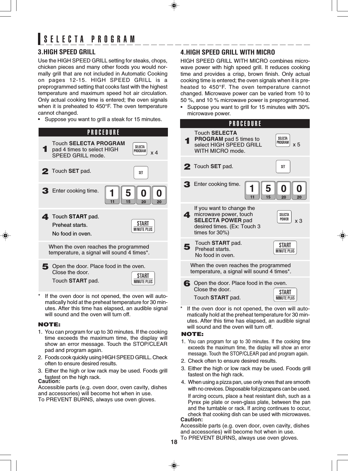 18SELECTA PROGRAM* If the oven door is not opened, the oven will auto-matically hold at the preheat temperature for 30 min-utes. After this time has elapsed, an audible signalwill sound and the oven will turn off.PROCEDURE1Touch SELECTA PROGRAMpad 4 times to select HIGHSPEED GRILL mode.4Touch START pad.Preheat starts.No food in oven.5Open the door. Place food in the oven.Close the door.Touch START pad.3Enter cooking time.When the oven reaches the programmedtemperature, a signal will sound 4 times*.2Touch SET pad.x 43.HIGH SPEED GRILLUse the HIGH SPEED GRILL setting for steaks, chops,chicken pieces and many other foods you would nor-mally grill that are not included in Automatic Cookingon pages 12-15. HIGH SPEED GRILL is apreprogrammed setting that cooks fast with the highesttemperature and maximum speed hot air circulation.Only actual cooking time is entered; the oven signalswhen it is preheated to 450°F. The oven temperaturecannot changed.•Suppose you want to grill a steak for 15 minutes.4.HIGH SPEED GRILL WITH MICROHIGH SPEED GRILL WITH MICRO combines micro-wave power with high speed grill. It reduces cookingtime and provides a crisp, brown finish. Only actualcooking time is entered; the oven signals when it is pre-heated to 450°F. The oven temperature cannotchanged. Microwave power can be varied from 10 to50 %, and 10 % microwave power is preprogrammed.PROCEDURE1Touch SELECTAPROGRAM pad 5 times toselect HIGH SPEED GRILLWITH MICRO mode.3Enter cooking time.2Touch SET pad.x 54If you want to change themicrowave power, touchSELECTA POWER paddesired times. (Ex: Touch 3times for 30%)x 3* If the oven door is not opened, the oven will auto-matically hold at the preheat temperature for 30 min-utes. After this time has elapsed, an audible signalwill sound and the oven will turn off.5Touch START pad.Preheat starts.No food in oven.6Open the door. Place food in the oven.Close the door.Touch START pad.When the oven reaches the programmedtemperature, a signal will sound 4 times*.NOTE:1. You can program for up to 30 minutes. If the cookingtime exceeds the maximum time, the display willshow an error message. Touch the STOP/CLEARpad and program again.2. Foods cook quickly using HIGH SPEED GRILL. Checkoften to ensure desired results.3. Either the high or low rack may be used. Foods grillfastest on the high rack.NOTE:1.You can program for up to 30 minutes. If the cooking timeexceeds the maximum time, the display will show an errormessage. Touch the STOP/CLEAR pad and program again.2. Check often to ensure desired results.3. Either the high or low rack may be used. Foods grillfastest on the high rack.4.When using a pizza pan, use only ones that are smoothwith no crevices. Disposable foil pizzapans can be used.If arcing occurs, place a heat resistant dish, such as aPyrex pie plate or oven-glass plate, between the panand the turntable or rack. If arcing continues to occur,check that cooking dish can be used with microwaves.Caution:Accessible parts (e.g. oven door, oven cavity, dishesand accessories) will become hot when in use.To PREVENT BURNS, always use oven gloves.Caution:Accessible parts (e.g. oven door, oven cavity, dishesand accessories) will become hot when in use.To PREVENT BURNS, always use oven gloves.•Suppose you want to grill for 15 minutes with 30%microwave power.