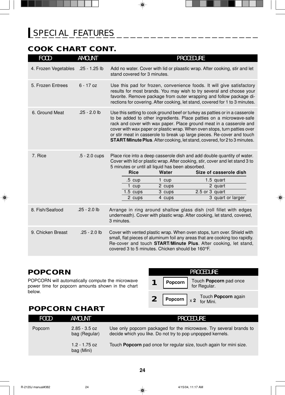 24POPCORN CHARTFOOD AMOUNT PROCEDURESPECIAL FEATURESCOOK CHART CONT.FOOD AMOUNT PROCEDURE4. Frozen Vegetables .25 - 1.25 lb Add no water. Cover with lid or plaastic wrap. After cooking, stir and letstand covered for 3 minutes.5. Frozen Entrees 6 - 17 oz Use this pad for frozen, convenience foods. It will give satisfactoryresults for most brands. You may wish to try several and choose yourfavorite. Remove package from outer wrapping and follow package di-rections for covering. After cooking, let stand, covered for 1 to 3 minutes.7. Rice  Rice Water Size of casserole dish.5 cup 1 cup 1.5 quart1cup 2 cups 2 quart1.5 cups 3 cups 2.5 or 3 quart2cups 4 cups 3 quart or larger6. Ground Meat8. Fish/Seafood.5 - 2.0 cups.25 - 2.0 lb.25 - 2.0 lbPlace rice into a deep casserole dish and add double quantity of water.Cover with lid or plastic wrap. After cooking, stir, cover and let stand 3 to5 minutes or until all liquid has been absorbed.Use this setting to cook ground beef or turkey as patties or in a casseroleto be added to other ingredients. Place patties on a microwave-saferack and cover with wax paper. Place ground meat in a casserole andcover with wax paper or plastic wrap. When oven stops, turn patties overor stir meat in casserole to break up large pieces. Re-cover and touchSTART/Minute Plus. After cooking, let stand, covered, for 2 to 3 minutes.Arrange in ring around shallow glass dish (roll fillet with edgesunderneath). Cover with plastic wrap. After cooking, let stand, covered,3 minutes.9. Chicken Breast .25 - 2.0 lb Cover with vented plastic wrap. When oven stops, turn over. Shield withsmall, flat pieces of aluminum foil any areas that are cooking too rapidly.Re-cover and touch START/Minute Plus. After cooking, let stand,covered 3 to 5 minutes. Chicken should be 160°F.Popcorn 2.85 - 3.5 ozbag (Regular)1.2 - 1.75 ozbag (Mini)Use only popcorn packaged for the microwave. Try several brands todecide which you like. Do not try to pop unpopped kernels.Touch Popcorn pad once for regular size, touch again for mini size.POPCORNPOPCORN will automatically compute the microwavepower time for popcorn amounts shown in the chartbelow.PROCEDURE1Touch Popcorn pad oncefor Regular.2Touch Popcorn againfor Mini.x 2PopcornPopcornR-2120J manual#382 4/15/04, 11:17 AM24