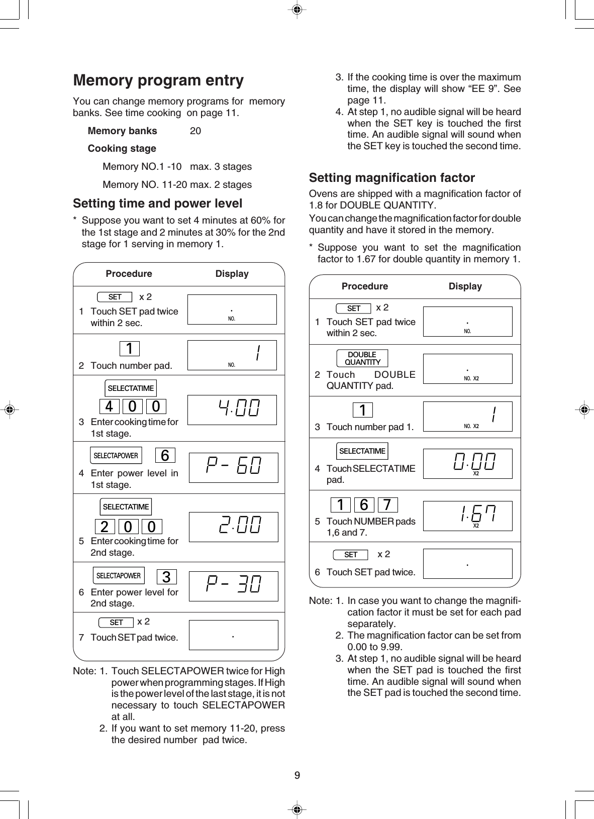 9NO.NO.1 Touch SET pad twicewithin 2 sec.2 Touch number pad.3 Enter cooking time for1st stage.4 Enter power level in1st stage.5 Enter cooking time  for2nd stage.6 Enter power level for2nd stage.7 Touch SET pad  twice.SETSELECTAPOWERSELECTATIMESELECTAPOWERSELECTATIMESETMemory program entryYou can change memory programs for  memorybanks. See time cooking  on page 11.Memory banks 20Cooking stageMemory NO.1 -10 max. 3 stagesMemory NO. 11-20 max. 2 stagesSetting time and power level* Suppose you want to set 4 minutes at 60% forthe 1st stage and 2 minutes at 30% for the 2ndstage for 1 serving in memory 1.Procedure          Display6Note: 1. Touch SELECTAPOWER twice for Highpower when programming stages. If Highis the power level of the last stage, it is notnecessary to touch SELECTAPOWERat all.2. If you want to set memory 11-20, pressthe desired number  pad twice.1x 22003x 2400Ovens are shipped with a magnification factor of1.8 for DOUBLE QUANTITY.You can change the magnification factor for doublequantity and have it stored in the memory.* Suppose you want to set the magnificationfactor to 1.67 for double quantity in memory 1.Setting magnification factorSETSELECTATIMEDOUBLEQUANTITYSET1 Touch SET pad twicewithin 2 sec.2 Touch DOUBLEQUANTITY pad.3 Touch number pad 1.4 Touch SELECTATIMEpad.5 Touch NUMBER pads1,6 and 7.6 Touch SET pad twice.Procedure         Displayx 21NO.X2NO.X2x 2X2X2167NO.Note: 1. In case you want to change the magnifi-cation factor it must be set for each padseparately.2. The magnification factor can be set from0.00 to 9.99.3. At step 1, no audible signal will be heardwhen the SET pad is touched the firsttime. An audible signal will sound whenthe SET pad is touched the second time.3. If the cooking time is over the maximumtime, the display will show “EE 9”. Seepage 11.4. At step 1, no audible signal will be heardwhen the SET key is touched the firsttime. An audible signal will sound whenthe SET key is touched the second time.