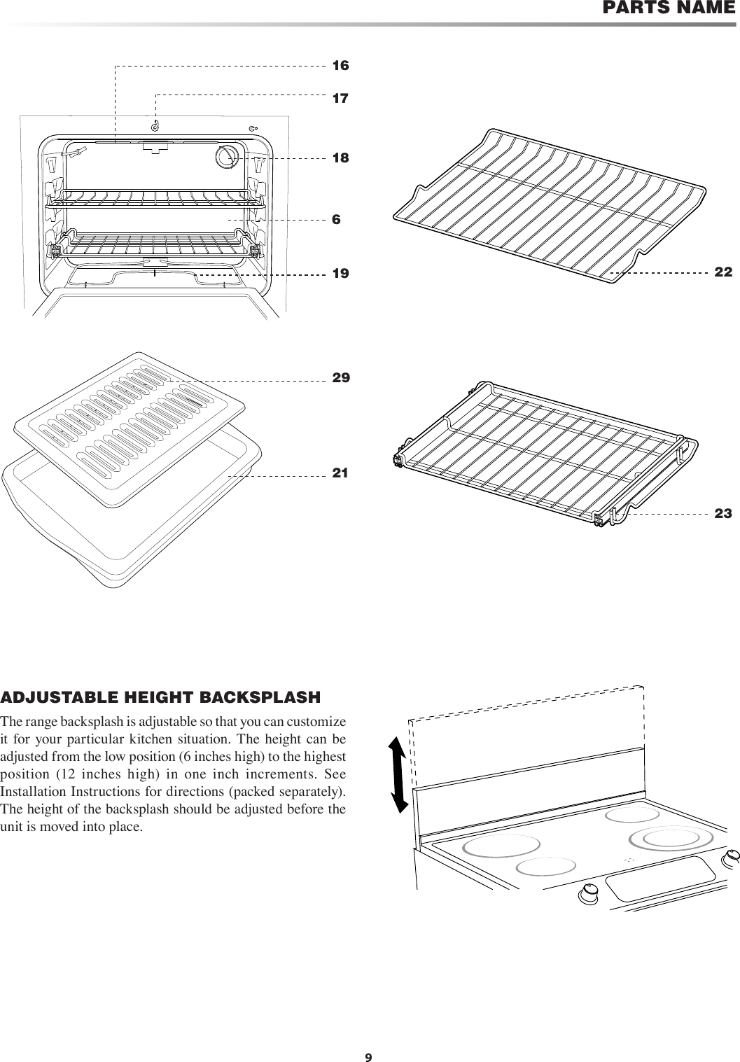 9PARTS NAME1716ADJUSTABLE HEIGHT BACKSPLASHThe range backsplash is adjustable so that you can customize it for  your  particular  kitchen situation. The height can  be adjusted from the low position (6 inches high) to the highest position  (12  inches  high)  in  one  inch  increments.  See Installation Instructions for directions (packed separately). The height of the backsplash should be adjusted before the unit is moved into place.1819232229216