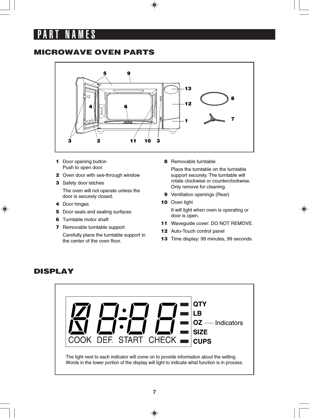 71213159324611 31087IndicatorsPART NAMES1Door opening buttonPush to open door.2Oven door with see-through window3Safety door latchesThe oven will not operate unless thedoor is securely closed.4Door hinges5Door seals and sealing surfaces6Turntable motor shaft7Removable turntable supportCarefully place the turntable support inthe center of the oven floor.8Removable turntablePlace the turntable on the turntablesupport securely. The turntable willrotate clockwise or counterclockwise.Only remove for cleaning.9Ventilation openings (Rear)10 Oven lightIt will light when oven is operating ordoor is open.11 Waveguide cover: DO NOT REMOVE.12 Auto-Touch control panel13 Time display: 99 minutes, 99 secondsMICROWAVE OVEN PARTSDISPLAYThe light next to each indicator will come on to provide information about the setting.Words in the lower portion of the display will light to indicate what function is in process.