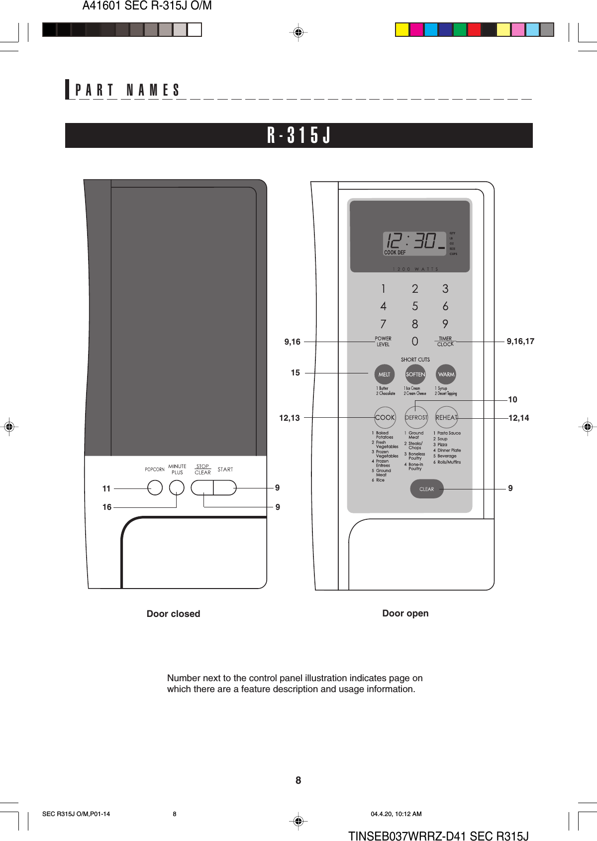 8A41601 SEC R-315J O/MTINSEB037WRRZ-D41 SEC R315JNumber next to the control panel illustration indicates page onwhich there are a feature description and usage information.PART NAMESR-315J111699,161512,1391012,149,16,17Door closed Door open9SEC R315J O/M,P01-14 04.4.20, 10:12 AM8