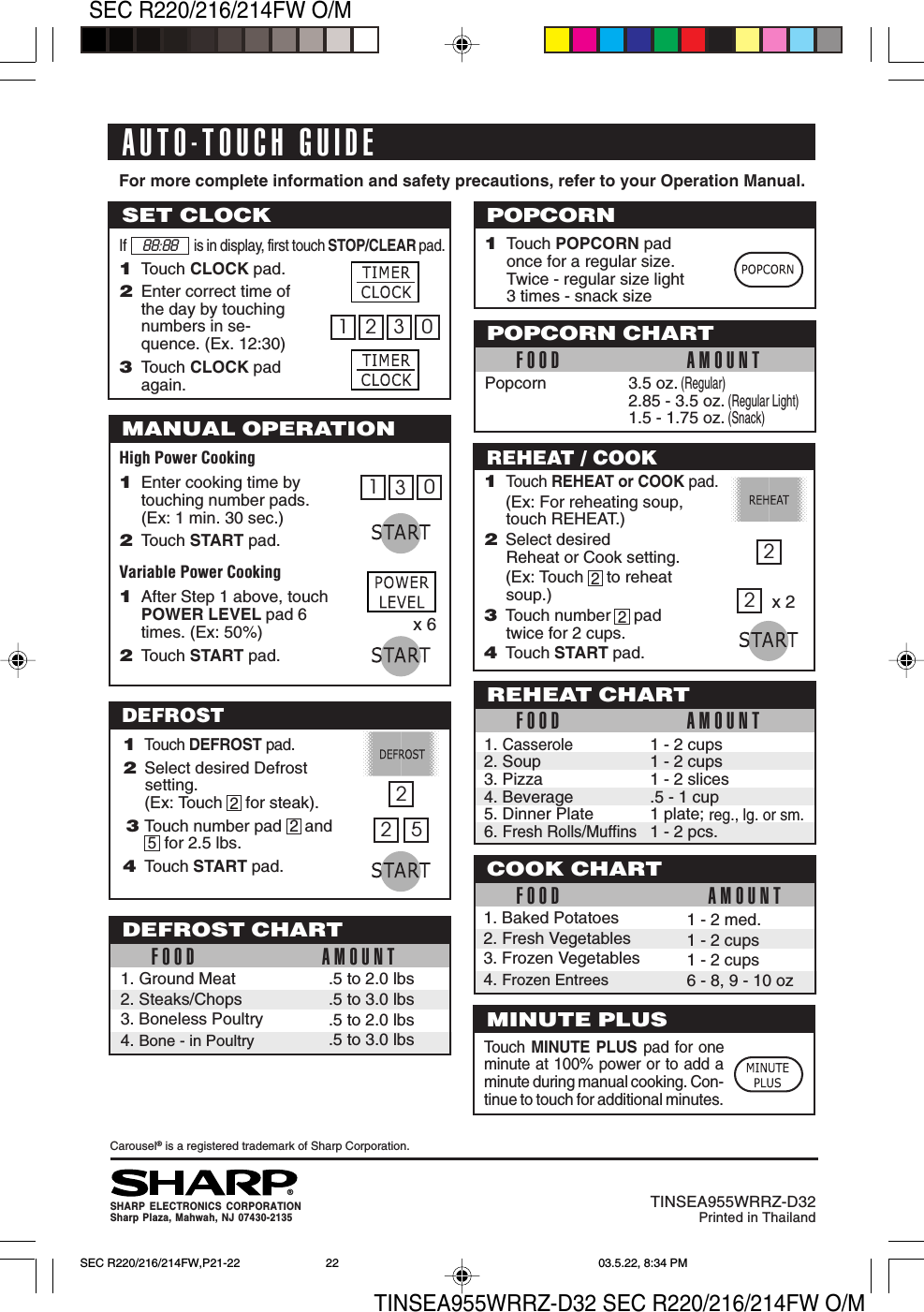 TINSEA955WRRZ-D32 SEC R220/216/214FW O/MSEC R220/216/214FW O/M22®For more complete information and safety precautions, refer to your Operation Manual.Carousel® is a registered trademark of Sharp Corporation.AUTO-TOUCH GUIDESHARP ELECTRONICS CORPORATIONSharp Plaza, Mahwah, NJ 07430-2135TINSEA955WRRZ-D32Printed in ThailandMANUAL OPERATIONHigh Power Cooking1Enter cooking time bytouching number pads.(Ex: 1 min. 30 sec.)2Touch START pad.Variable Power Cooking1After Step 1 above, touchPOWER LEVEL pad 6times. (Ex: 50%)2Touch START pad.x 6SET CLOCKIf is in display, first touch STOP/CLEAR pad.DEFROST1Touch DEFROST pad.2Select desired Defrostsetting.(Ex: Touch     for steak).3Touch number pad     andfor 2.5 lbs.4Touch START pad.88:882521Touch CLOCK pad.2Enter correct time ofthe day by touchingnumbers in se-quence. (Ex. 12:30)3Touch CLOCK padagain.3 01 2225POPCORN1Touch POPCORN padonce for a regular size.Twice - regular size light3 times - snack sizeFOOD AMOUNTPopcorn 3.5 oz. (Regular)2.85 - 3.5 oz. (Regular Light)1.5 - 1.75 oz. (Snack)POPCORN CHARTREHEAT / COOK1Touch REHEAT or COOK pad.(Ex: For reheating soup,touch REHEAT.)2Select desiredReheat or Cook setting.(Ex: Touch     to reheatsoup.)3Touch number     padtwice for 2 cups.4Touch START pad.22FOOD AMOUNTREHEAT CHART1. Casserole1 - 2 cups2. Soup 1 - 2 cups3. Pizza 1 - 2 slices4. Beverage .5 - 1 cup5. Dinner Plate 1 plate; reg., lg. or sm.6. Fresh Rolls/Muffins1 - 2 pcs.1 - 2 med.1 - 2 cups1 - 2 cups6 - 8, 9 - 10 ozCOOK CHARTFOOD AMOUNT1. Baked Potatoes2. Fresh Vegetables3. Frozen Vegetables4. Frozen EntreesMINUTE PLUSTouch  MINUTE PLUS pad for oneminute at 100% power or to add aminute during manual cooking. Con-tinue to touch for additional minutes..5 to 2.0 lbs.5 to 3.0 lbs.5 to 2.0 lbs.5 to 3.0 lbs1. Ground Meat2. Steaks/Chops3. Boneless Poultry4. Bone - in PoultryDEFROST CHARTFOOD AMOUNT1302x 22SEC R220/216/214FW,P21-22 03.5.22, 8:34 PM22
