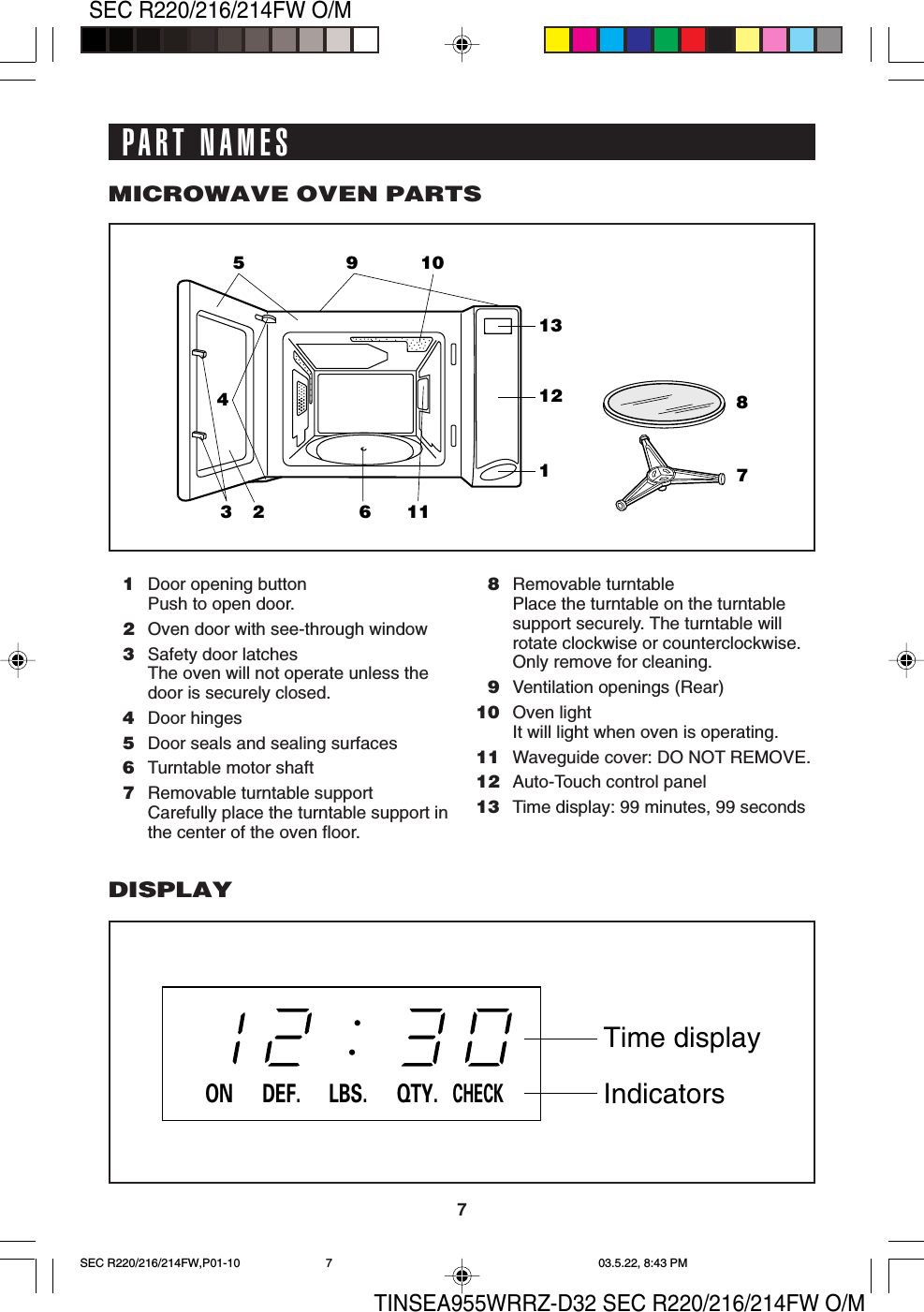 TINSEA955WRRZ-D32 SEC R220/216/214FW O/M7SEC R220/216/214FW O/M875109131211624311Door opening buttonPush to open door.2Oven door with see-through window3Safety door latchesThe oven will not operate unless thedoor is securely closed.4Door hinges5Door seals and sealing surfaces6Turntable motor shaft7Removable turntable supportCarefully place the turntable support inthe center of the oven floor.8Removable turntablePlace the turntable on the turntablesupport securely. The turntable willrotate clockwise or counterclockwise.Only remove for cleaning.9Ventilation openings (Rear)10 Oven lightIt will light when oven is operating.11 Waveguide cover: DO NOT REMOVE.12 Auto-Touch control panel13 Time display: 99 minutes, 99 secondsMICROWAVE OVEN PARTSDISPLAYDEF. LBS. QTY.CHECKONTime displayIndicatorsPART NAMESSEC R220/216/214FW,P01-10 03.5.22, 8:43 PM7