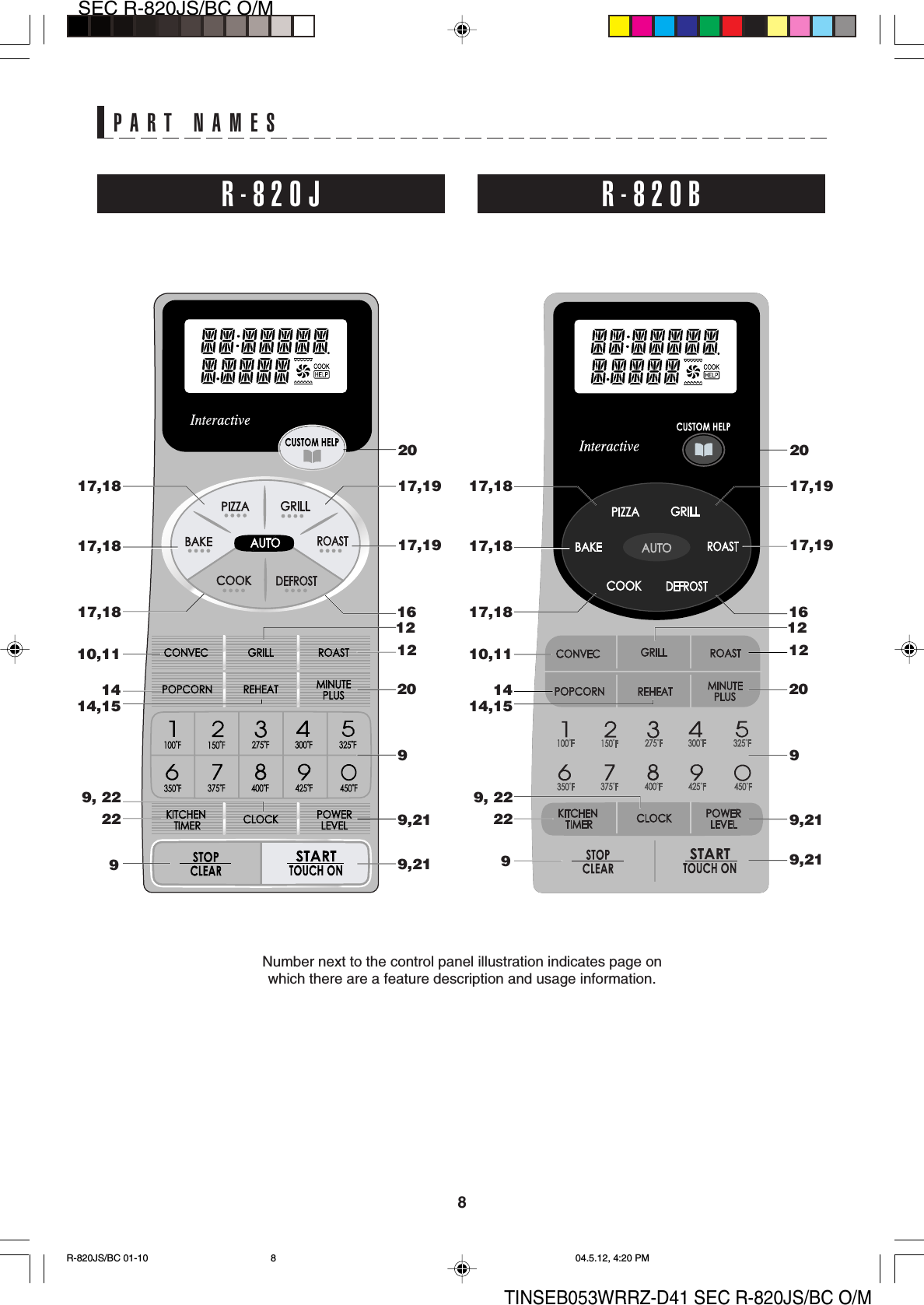 8SEC R-820JS/BC O/MTINSEB053WRRZ-D41 SEC R-820JS/BC O/MPART NAMESNumber next to the control panel illustration indicates page onwhich there are a feature description and usage information.R-820J R-820B9201617,1917,19129,219,219229, 2214,151410,1117,1817,1817,1820129201617,1917,19129,219,219229, 2214,151410,11201217,1817,1817,18R-820JS/BC 01-10 04.5.12, 4:20 PM8