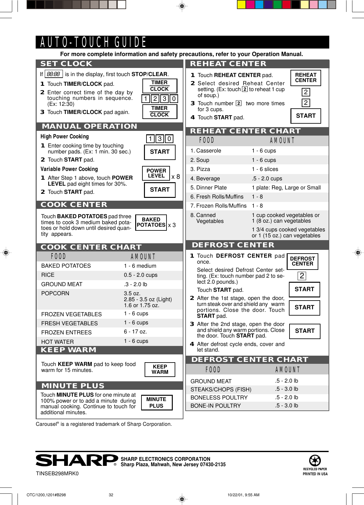 DEFROST CENTER CHARTFOODGROUND MEATSTEAKS/CHOPS (FISH)BONELESS POULTRYBONE-IN POULTRYAMOUNT.5 - 2.0 lb.5 - 3.0 lb.5 - 2.0 lb.5 - 3.0 lbTINSEB298MRK0®SHARP ELECTRONICS CORPORATIONSharp Plaza, Mahwah, New Jersey 07430-2135PRINTED IN USAAUTO-TOUCH GUIDEFor more complete information and safety precautions, refer to your Operation Manual.SET CLOCK1Touch TIMER/CLOCK pad.2Enter correct time of the day bytouching numbers in sequence.(Ex: 12:30)3Touch TIMER/CLOCK pad again.If   88:88    is in the display, first touch STOP/CLEAR.1230Carousel® is a registered trademark of Sharp Corporation.TIMERCLOCKTIMERCLOCKHigh Power Cooking1Enter cooking time by touchingnumber pads. (Ex: 1 min. 30 sec.)2Touch START pad.Variable Power Cooking1After Step 1 above, touch POWERLEVEL pad eight times for 30%.2Touch START pad.x 8MANUAL OPERATIONx 3BAKEDPOTATOESTouch KEEP WARM pad to keep foodwarm for 15 minutes.Touch BAKED POTATOES pad threetimes to cook 3 medium baked pota-toes or hold down until desired quan-tity  appears.STARTSTART130 FOOD AMOUNT1. Casserole2. Soup3. Pizza4. Beverage5. Dinner Plate6. Fresh Rolls/Muffins7. Frozen Rolls/Muffins8. CannedVegetables1 - 6 cups1 - 6 cups1 - 6 slices.5 - 2.0 cups1 plate: Reg, Large or Small1 - 81 - 81 cup cooked vegetables or1 (8 oz.) can vegetables1 3/4 cups cooked vegetablesor 1 (15 oz.) can vegetablesREHEAT CENTER CHARTREHEAT CENTER1Touch REHEAT CENTER pad.2Select desired Reheat Centersetting. (Ex: touch 2 to reheat 1 cupof soup.)3Touch number 2two more timesfor 3 cups.4Touch START pad.COOK CENTER CHARTFOOD AMOUNTCOOK CENTERCOOK CENTER CHARTFOOD AMOUNTCOOK CENTERCOOK CENTER CHARTKEEP WARMDEFROST CENTER1Touch  DEFROST CENTER padonce.Select desired Defrost Center set-ting. (Ex: touch number pad 2 to se-lect 2.0 pounds.)Touch START pad.2After the 1st stage, open the door,turn steak over and shield any   warmportions. Close the door. TouchSTART pad.3After the 2nd stage, open the doorand shield any warm portions. Closethe door. Touch START pad.4After defrost cycle ends, cover andlet stand.DEFROSTCENTERSTARTSTARTSTARTPOWERLEVELMINUTE PLUSTouch MINUTE PLUS for one minute at100% power or to add a minute  duringmanual cooking. Continue to touch foradditional minutes.MINUTEPLUSKEEPWARM22STARTREHEATCENTER2x 3BAKED POTATOESRICEGROUND MEATPOPCORNFROZEN VEGETABLESFRESH VEGETABLESFROZEN ENTREESHOT WATER1 - 6 medium0.5 - 2.0 cups.3 - 2.0 lb3.5 oz.2.85 - 3.5 oz (Light)1.6 or 1.75 oz.1 - 6 cups1 - 6 cups6 - 17 oz.1 - 6 cupsOTC/1200,1201#B298 10/22/01, 9:55 AM32