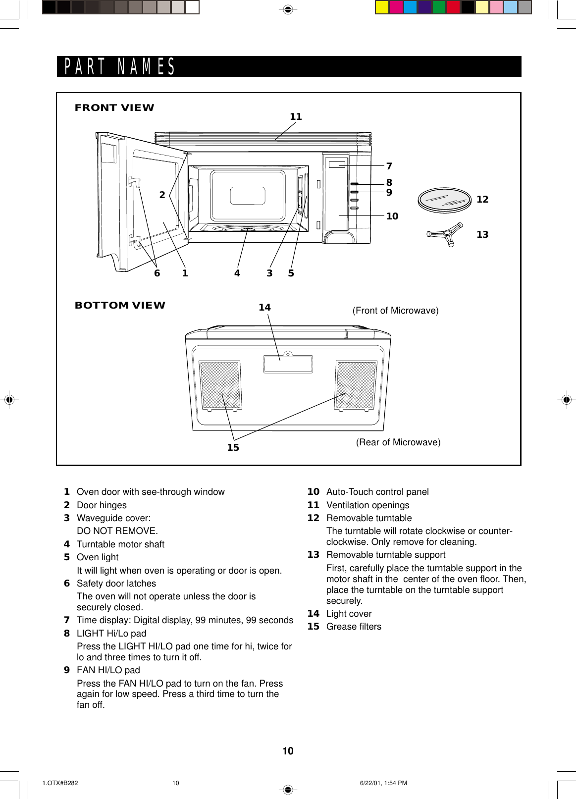 10PART NAMES1Oven door with see-through window2Door hinges3Waveguide cover:DO NOT REMOVE.4Turntable motor shaft5Oven lightIt will light when oven is operating or door is open.6Safety door latchesThe oven will not operate unless the door issecurely closed.7Time display: Digital display, 99 minutes, 99 seconds8LIGHT Hi/Lo padPress the LIGHT HI/LO pad one time for hi, twice forlo and three times to turn it off.9FAN HI/LO padPress the FAN HI/LO pad to turn on the fan. Pressagain for low speed. Press a third time to turn thefan off.10 Auto-Touch control panel11 Ventilation openings12 Removable turntableThe turntable will rotate clockwise or counter-clockwise. Only remove for cleaning.13 Removable turntable supportFirst, carefully place the turntable support in themotor shaft in the  center of the oven floor. Then,place the turntable on the turntable supportsecurely.14 Light cover15 Grease filtersBOTTOM VIEW(Front of Microwave)(Rear of Microwave)FRONT VIEW141516234 55789101112131.OTX#B282 6/22/01, 1:54 PM10