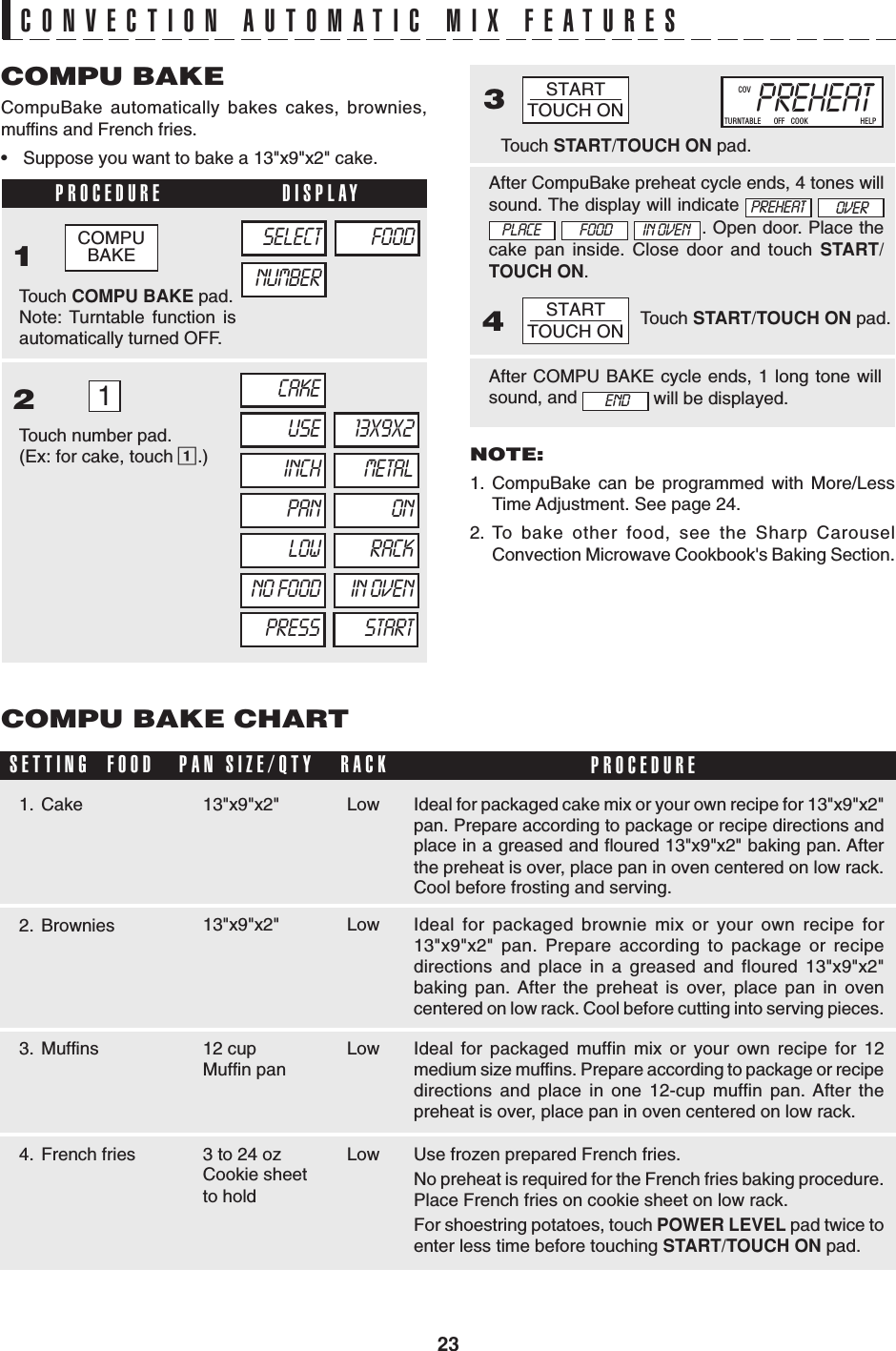 23PROCEDURE DISPLAYCONVECTION AUTOMATIC MIX FEATURESCOMPU BAKECompuBake automatically bakes cakes, brownies,muffins and French fries.•Suppose you want to bake a 13&quot;x9&quot;x2&quot; cake.Touch COMPU BAKE pad.Note: Turntable function isautomatically turned OFF.1Touch number pad.(Ex: for cake, touch 1.)23NUMBERSELECT FOODTouch START/TOUCH ON pad.4After COMPU BAKE cycle ends, 1 long tone willsound, and   will be displayed.1CAKEUSE 13X9X2INCH METALSETTING  FOOD1. CakeRACKLow2. Brownies Low3. Muffins Low4. French fries LowNOTE:1. CompuBake can be programmed with More/LessTime Adjustment. See page 24.2. To bake other food, see the Sharp CarouselConvection Microwave Cookbook&apos;s Baking Section.PAN ONLOW RACKNO FOOD IN OVENPRESS STARTTouch START/TOUCH ON pad.After CompuBake preheat cycle ends, 4 tones willsound. The display will indicate       . Open door. Place thecake pan inside. Close door and touch START/TOUCH ON.ENDCOMPU BAKE CHART4PREHEATTURNTABLE ON OFF   COOK   LBS   OZ   KG   HELPMIX COVDEFROSTSENSORPAN SIZE/QTYSTARTTOUCH ONSTARTTOUCH ONPROCEDUREIdeal for packaged cake mix or your own recipe for 13&quot;x9&quot;x2&quot;pan. Prepare according to package or recipe directions andplace in a greased and floured 13&quot;x9&quot;x2&quot; baking pan. Afterthe preheat is over, place pan in oven centered on low rack.Cool before frosting and serving.Ideal for packaged brownie mix or your own recipe for13&quot;x9&quot;x2&quot; pan. Prepare according to package or recipedirections and place in a greased and floured 13&quot;x9&quot;x2&quot;baking pan. After the preheat is over, place pan in ovencentered on low rack. Cool before cutting into serving pieces.Ideal for packaged muffin mix or your own recipe for 12medium size muffins. Prepare according to package or recipedirections and place in one 12-cup muffin pan. After thepreheat is over, place pan in oven centered on low rack.Use frozen prepared French fries.No preheat is required for the French fries baking procedure.Place French fries on cookie sheet on low rack.For shoestring potatoes, touch POWER LEVEL pad twice toenter less time before touching START/TOUCH ON pad.13&quot;x9&quot;x2&quot;13&quot;x9&quot;x2&quot;12 cupMuffin pan3 to 24 ozCookie sheetto holdPREHEAT OVERPLACE FOOD IN OVENCOMPUBAKE