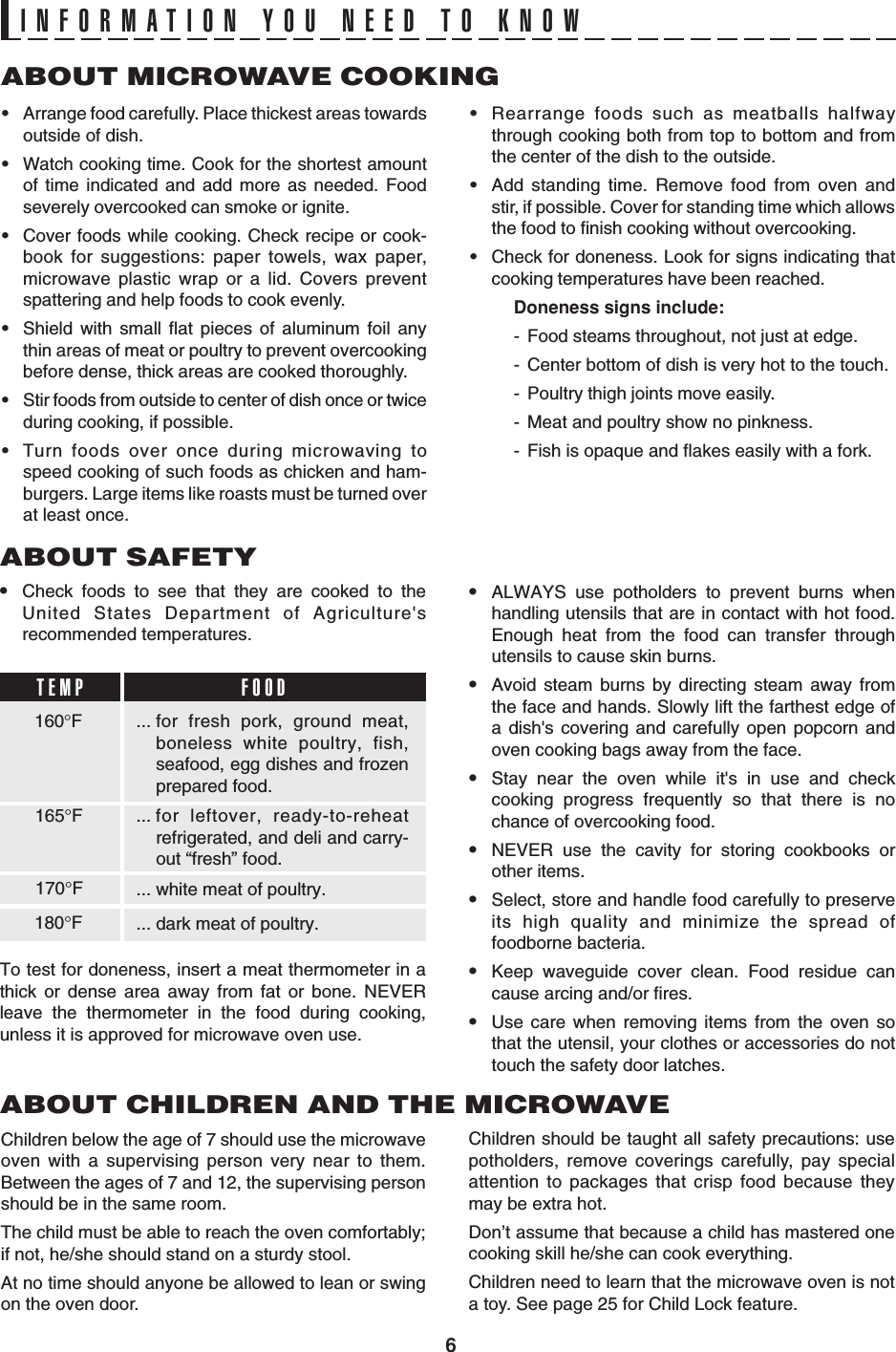 6ABOUT MICROWAVE COOKING•Arrange food carefully. Place thickest areas towardsoutside of dish.•Watch cooking time. Cook for the shortest amountof time indicated and add more as needed. Foodseverely overcooked can smoke or ignite.•Cover foods while cooking. Check recipe or cook-book for suggestions: paper towels, wax paper,microwave plastic wrap or a lid. Covers preventspattering and help foods to cook evenly.•Shield with small flat pieces of aluminum foil anythin areas of meat or poultry to prevent overcookingbefore dense, thick areas are cooked thoroughly.•Stir foods from outside to center of dish once or twiceduring cooking, if possible.•Turn foods over once during microwaving tospeed cooking of such foods as chicken and ham-burgers. Large items like roasts must be turned overat least once.INFORMATION YOU NEED TO KNOW•Rearrange foods such as meatballs halfwaythrough cooking both from top to bottom and fromthe center of the dish to the outside.•Add standing time. Remove food from oven andstir, if possible. Cover for standing time which allowsthe food to finish cooking without overcooking.•Check for doneness. Look for signs indicating thatcooking temperatures have been reached.Doneness signs include:- Food steams throughout, not just at edge.- Center bottom of dish is very hot to the touch.- Poultry thigh joints move easily.- Meat and poultry show no pinkness.- Fish is opaque and flakes easily with a fork.•Check foods to see that they are cooked to theUnited States Department of Agriculture&apos;srecommended temperatures.To test for doneness, insert a meat thermometer in athick or dense area away from fat or bone. NEVERleave the thermometer in the food during cooking,unless it is approved for microwave oven use.•ALWAYS use potholders to prevent burns whenhandling utensils that are in contact with hot food.Enough heat from the food can transfer throughutensils to cause skin burns.•Avoid steam burns by directing steam away fromthe face and hands. Slowly lift the farthest edge ofa dish&apos;s covering and carefully open popcorn andoven cooking bags away from the face.•Stay near the oven while it&apos;s in use and checkcooking progress frequently so that there is nochance of overcooking food.•NEVER use the cavity for storing cookbooks orother items.•Select, store and handle food carefully to preserveits high quality and minimize the spread offoodborne bacteria.•Keep waveguide cover clean. Food residue cancause arcing and/or fires.•Use care when removing items from the oven sothat the utensil, your clothes or accessories do nottouch the safety door latches.ABOUT SAFETY... for fresh pork, ground meat,boneless white poultry, fish,seafood, egg dishes and frozenprepared food.... for leftover, ready-to-reheatrefrigerated, and deli and carry-out “fresh” food.... white meat of poultry.... dark meat of poultry.160°FTEMP FOOD165°F170°F180°FChildren should be taught all safety precautions: usepotholders, remove coverings carefully, pay specialattention to packages that crisp food because theymay be extra hot.Don’t assume that because a child has mastered onecooking skill he/she can cook everything.Children need to learn that the microwave oven is nota toy. See page 25 for Child Lock feature.ABOUT CHILDREN AND THE MICROWAVEChildren below the age of 7 should use the microwaveoven with a supervising person very near to them.Between the ages of 7 and 12, the supervising personshould be in the same room.The child must be able to reach the oven comfortably;if not, he/she should stand on a sturdy stool.At no time should anyone be allowed to lean or swingon the oven door.
