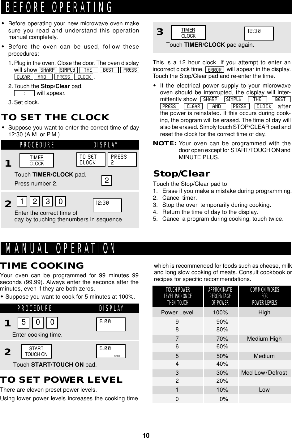 10This is a 12 hour clock. If you attempt to enter anincorrect clock time,               will appear in the display.Touch the Stop/Clear pad and re-enter the time.•If the electrical power supply to your microwaveoven should be interrupted, the display will inter-mittently show    SHARP SIMPLY THE BEST. PRESS CLEAR AND PRESS   CLOCK afterthe power is reinstated. If this occurs during cook-ing, the program will be erased. The time of day willalso be erased. Simply touch STOP/CLEAR pad andreset the clock for the correct time of day.NOTE:Your oven can be programmed with thedoor open except for START/TOUCH ON andMINUTE PLUS.ERROR•Before operating your new microwave oven makesure you read and understand this operationmanual completely.•Before the oven can be used, follow theseprocedures:1. Plug in the oven. Close the door. The oven displaywill showSHARP SIMPLY THE BEST PRESS. CLEAR      AND        PRESS      CLOCK  .2. Touch the Stop/Clear pad.              will appear.3. Set clock.:BEFORE OPERATINGTouch the Stop/Clear pad to:1. Erase if you make a mistake during programming.2. Cancel timer.3. Stop the oven temporarily during cooking.4. Return the time of day to the display.5. Cancel a program during cooking, touch twice.TO SET THE CLOCK•Suppose you want to enter the correct time of day12:30 (A.M. or P.M.).PROCEDURE DISPLAY12Stop/ClearTouch TIMER/CLOCK pad.Enter the correct time ofday by touching thenumbers in sequence.1 3 0TIMERCLOCKPress number 2.TO SETCLOCKPRESS22212:30MANUAL OPERATIONYour oven can be programmed for 99 minutes 99seconds (99.99). Always enter the seconds after theminutes, even if they are both zeros.•Suppose you want to cook for 5 minutes at 100%.TIME COOKINGPROCEDURE DISPLAY12Touch START/TOUCH ON pad.Enter cooking time.5 0 0TO SET POWER LEVELThere are eleven preset power levels.Using lower power levels increases the cooking time5.005.00APPROXIMATEPERCENTAGEOF POWERCOMMON WORDSFORPOWER LEVELSTOUCH POWERLEVEL PAD ONCETHEN TOUCHPower Level 100% High9 90%8 80%7 70% Medium High6 60%5 50% Medium4 40%3 30% Med Low/Defrost2 20%1 10% Low00%STARTTOUCH ONCOOK3Touch TIMER/CLOCK pad again.TIMERCLOCK12:30which is recommended for foods such as cheese, milkand long slow cooking of meats. Consult cookbook orrecipes for specific recommendations.