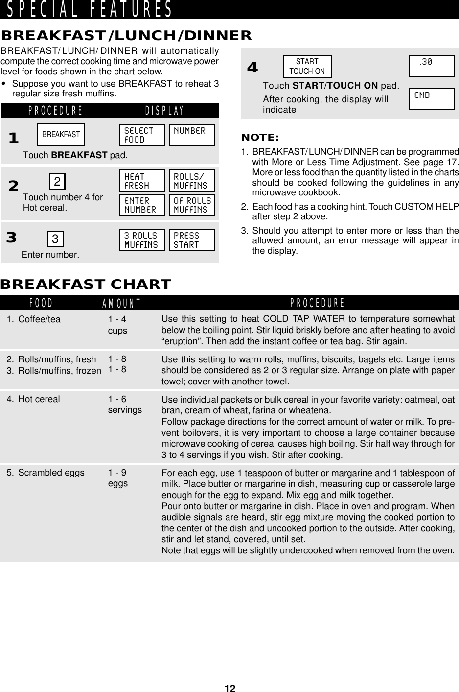 12BREAKFAST/LUNCH/ DINNER will automaticallycompute the correct cooking time and microwave powerlevel for foods shown in the chart below.•Suppose you want to use BREAKFAST to reheat 3regular size fresh muffins.BREAKFAST/LUNCH/DINNERPROCEDURE DISPLAY1Touch BREAKFAST pad.Touch number 4 forHot cereal.2NOTE:1. BREAKFAST/LUNCH/ DINNER can be programmedwith More or Less Time Adjustment. See page 17.More or less food than the quantity listed in the chartsshould be cooked following the guidelines in anymicrowave cookbook.2. Each food has a cooking hint. Touch CUSTOM HELPafter step 2 above.3. Should you attempt to enter more or less than theallowed amount, an error message will appear inthe display.23Enter number.4Touch START/TOUCH ON pad.After cooking, the display willindicate3SPECIAL FEATURESBREAKFASTSELECTFOODNUMBERHEATFRESHROLLS/MUFFINS3 ROLLSMUFFINSPRESSSTARTSTARTTOUCH ONENDBREAKFAST CHARTFOOD AMOUNT PROCEDURE2. Rolls/muffins, fresh3. Rolls/muffins, frozen4. Hot cereal5. Scrambled eggsUse this setting to heat COLD TAP WATER to temperature somewhatbelow the boiling point. Stir liquid briskly before and after heating to avoid“eruption”. Then add the instant coffee or tea bag. Stir again.Use this setting to warm rolls, muffins, biscuits, bagels etc. Large itemsshould be considered as 2 or 3 regular size. Arrange on plate with papertowel; cover with another towel.Use individual packets or bulk cereal in your favorite variety: oatmeal, oatbran, cream of wheat, farina or wheatena.Follow package directions for the correct amount of water or milk. To pre-vent boilovers, it is very important to choose a large container becausemicrowave cooking of cereal causes high boiling. Stir half way through for3 to 4 servings if you wish. Stir after cooking.For each egg, use 1 teaspoon of butter or margarine and 1 tablespoon ofmilk. Place butter or margarine in dish, measuring cup or casserole largeenough for the egg to expand. Mix egg and milk together.Pour onto butter or margarine in dish. Place in oven and program. Whenaudible signals are heard, stir egg mixture moving the cooked portion tothe center of the dish and uncooked portion to the outside. After cooking,stir and let stand, covered, until set.Note that eggs will be slightly undercooked when removed from the oven.1 - 4cups1. Coffee/tea1 - 81 - 81 - 6servings1 - 9eggsENTERNUMBEROF ROLLSMUFFINS  .30