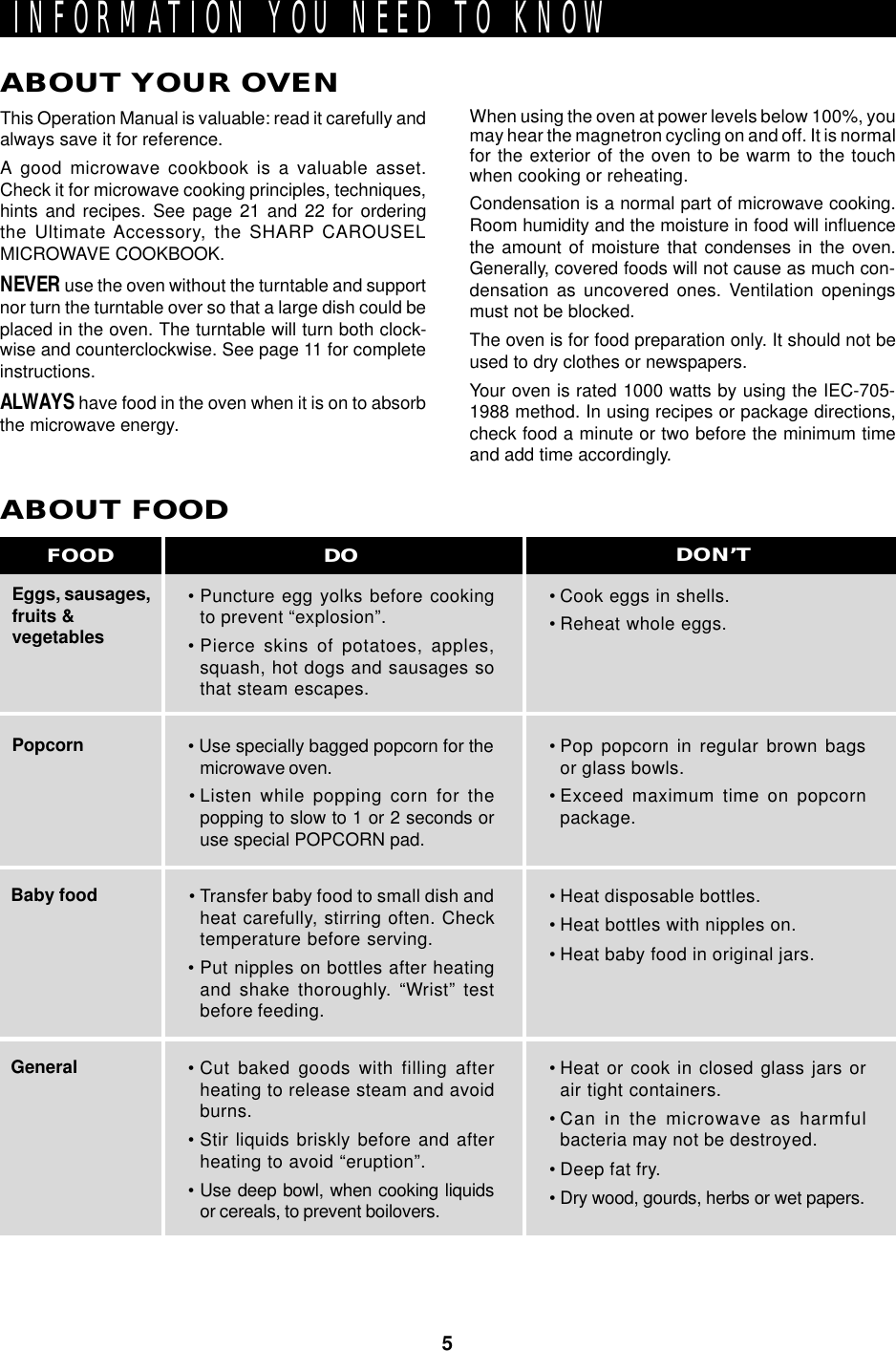 5INFORMATION YOU NEED TO KNOWABOUT YOUR OVENThis Operation Manual is valuable: read it carefully andalways save it for reference.A good microwave cookbook is a valuable asset.Check it for microwave cooking principles, techniques,hints and recipes. See page 21 and 22 for orderingthe Ultimate Accessory, the SHARP CAROUSELMICROWAVE COOKBOOK.NEVER use the oven without the turntable and supportnor turn the turntable over so that a large dish could beplaced in the oven. The turntable will turn both clock-wise and counterclockwise. See page 11 for completeinstructions.ALWAYS have food in the oven when it is on to absorbthe microwave energy.When using the oven at power levels below 100%, youmay hear the magnetron cycling on and off. It is normalfor the exterior of the oven to be warm to the touchwhen cooking or reheating.Condensation is a normal part of microwave cooking.Room humidity and the moisture in food will influencethe amount of moisture that condenses in the oven.Generally, covered foods will not cause as much con-densation as uncovered ones. Ventilation openingsmust not be blocked.The oven is for food preparation only. It should not beused to dry clothes or newspapers.Your oven is rated 1000 watts by using the IEC-705-1988 method. In using recipes or package directions,check food a minute or two before the minimum timeand add time accordingly.Eggs, sausages,fruits &amp;vegetablesPopcornBaby foodGeneralABOUT FOOD• Puncture egg yolks before cookingto prevent “explosion”.• Pierce skins of potatoes, apples,squash, hot dogs and sausages sothat steam escapes.• Use specially bagged popcorn for themicrowave oven.• Listen while popping corn for thepopping to slow to 1 or 2 seconds oruse special POPCORN pad.• Transfer baby food to small dish andheat carefully, stirring often. Checktemperature before serving.• Put nipples on bottles after heatingand shake thoroughly. “Wrist” testbefore feeding.• Cut baked goods with filling afterheating to release steam and avoidburns.• Stir liquids briskly before and afterheating to avoid “eruption”.• Use deep bowl, when cooking liquidsor cereals, to prevent boilovers.• Cook eggs in shells.• Reheat whole eggs.• Pop popcorn in regular brown bagsor glass bowls.• Exceed maximum time on popcornpackage.• Heat disposable bottles.• Heat bottles with nipples on.• Heat baby food in original jars.• Heat or cook in closed glass jars orair tight containers.• Can in the microwave as harmfulbacteria may not be destroyed.• Deep fat fry.• Dry wood, gourds, herbs or wet papers.DO DON’TFOOD