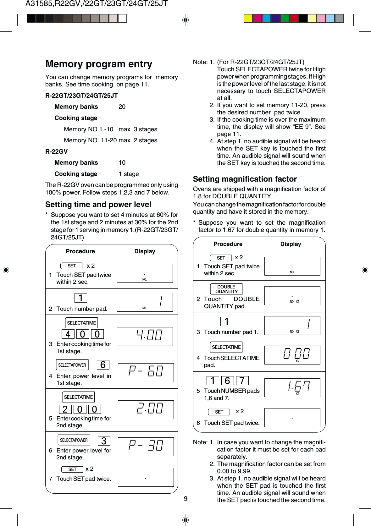 9A31585,R22GV,/22GT/23GT/24GT/25JTNO.NO.1 Touch SET pad twicewithin 2 sec.2 Touch number pad.3 Enter cooking time for1st stage.4 Enter power level in1st stage.5 Enter cooking time  for2nd stage.6 Enter power level for2nd stage.7 Touch SET pad  twice.SETSELECTAPOWERSELECTATIMESELECTAPOWERSELECTATIMESETMemory program entryYou can change memory programs for  memorybanks. See time cooking  on page 11.R-22GT/23GT/24GT/25JTMemory banks 20Cooking stageMemory NO.1 -10 max. 3 stagesMemory NO. 11-20 max. 2 stagesR-22GVMemory banks 10Cooking stage 1 stageThe R-22GV oven can be programmed only using100% power.Follow steps 1,2,3 and 7 below.Setting time and power level* Suppose you want to set 4 minutes at 60% forthe 1st stage and 2 minutes at 30% for the 2ndstage for 1 serving in memory 1.(R-22GT/23GT/24GT/25JT)Procedure          Display6Note: 1. (For R-22GT/23GT/24GT/25JT)Touch SELECTAPOWER twice for Highpower when programming stages. If Highis the power level of the last stage, it is notnecessary to touch SELECTAPOWERat all.2. If you want to set memory 11-20, pressthe desired number  pad twice.3. If the cooking time is over the maximumtime, the display will show “EE 9”. Seepage 11.4. At step 1, no audible signal will be heardwhen the SET key is touched the firsttime. An audible signal will sound whenthe SET key is touched the second time.1x 22003x 2400Ovens are shipped with a magnification factor of1.8 for DOUBLE QUANTITY.You can change the magnification factor for doublequantity and have it stored in the memory.* Suppose you want to set the magnificationfactor to 1.67 for double quantity in memory 1.Setting magnification factorSETSELECTATIMEDOUBLEQUANTITYSET1 Touch SET pad twicewithin 2 sec.2 Touch DOUBLEQUANTITY pad.3 Touch number pad 1.4 Touch SELECTATIMEpad.5 Touch NUMBER pads1,6 and 7.6 Touch SET pad twice.Procedure         Displayx 21NO.X2NO.X2x 2X2X2167NO.Note: 1. In case you want to change the magnifi-cation factor it must be set for each padseparately.2. The magnification factor can be set from0.00 to 9.99.3. At step 1, no audible signal will be heardwhen the SET pad is touched the firsttime. An audible signal will sound whenthe SET pad is touched the second time.