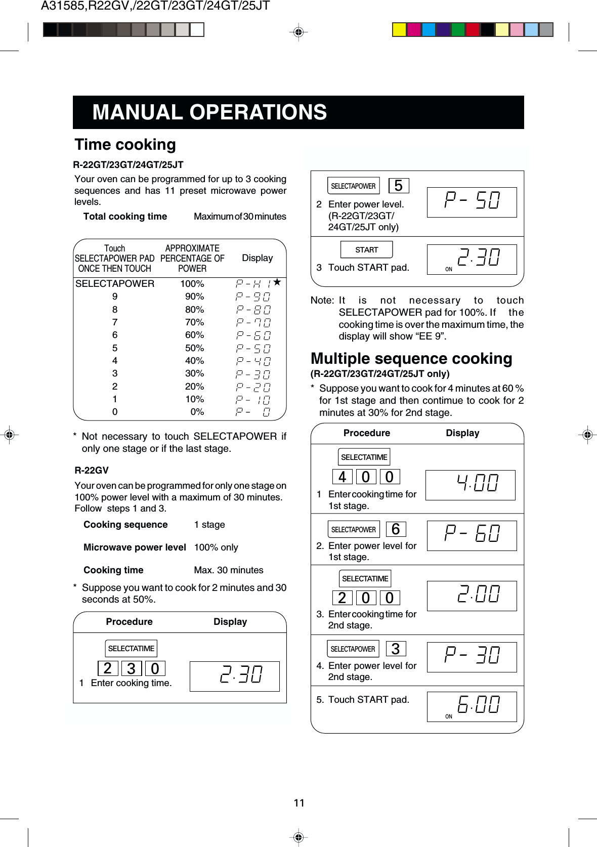 11A31585,R22GV,/22GT/23GT/24GT/25JTTouchSELECTAPOWER PADONCE THEN TOUCHSELECTAPOWER9876543210MANUAL OPERATIONSTime cookingR-22GT/23GT/24GT/25JTYour oven can be programmed for up to 3 cookingsequences and has 11 preset microwave powerlevels.Total cooking time Maximum of 30 minutesONNote: It is not necessary to touchSELECTAPOWER pad for 100%. If  thecooking time is over the maximum time, thedisplay will show “EE 9”.Multiple sequence cooking(R-22GT/23GT/24GT/25JT only)* Suppose you want to cook for 4 minutes at 60 %for 1st stage and then contimue to cook for 2minutes at 30% for 2nd stage.1 Enter cooking time  for1st stage.2. Enter power level for1st stage.3. Enter cooking time  for2nd stage.4. Enter power level for2nd stage.5. Touch START pad.Procedure       DisplaySELECTATIMESELECTAPOWER52 Enter power level.(R-22GT/23GT/24GT/25JT only)3 Touch START pad.400SELECTAPOWER6ON3SELECTAPOWERSTARTSELECTATIME200Display★APPROXIMATEPERCENTAGE OFPOWER100%90%80%70%60%50%40%30%20%10%0%* Not necessary to touch SELECTAPOWER ifonly one stage or if the last stage.R-22GVYour oven can be programmed for only one stage on100% power level with a maximum of 30 minutes.Follow  steps 1 and 3.Cooking sequence 1 stageMicrowave power level 100% onlyCooking time Max. 30 minutes1 Enter cooking time.* Suppose you want to cook for 2 minutes and 30seconds at 50%.Procedure         DisplaySELECTATIME230