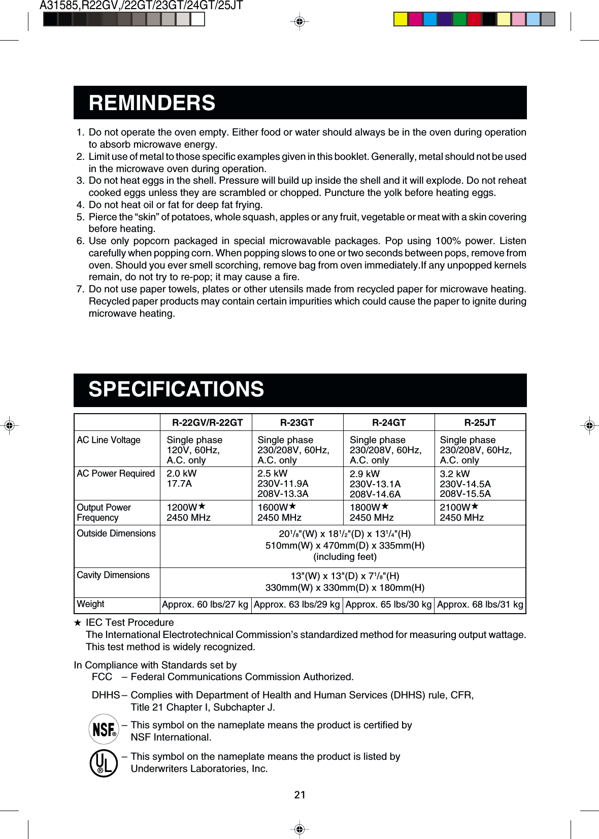 21A31585,R22GV,/22GT/23GT/24GT/25JTSingle phase120V, 60Hz,A.C. only2.0 kW17.7A1200W2450 MHz★IEC Test ProcedureThe International Electrotechnical Commission’s standardized method for measuring output wattage.This test method is widely recognized.In Compliance with Standards set byFCC –Federal Communications Commission Authorized.DHHS –Complies with Department of Health and Human Services (DHHS) rule, CFR,Title 21 Chapter I, Subchapter J.–This symbol on the nameplate means the product is certified byNSF International.–This symbol on the nameplate means the product is listed byUnderwriters Laboratories, Inc.AC Line VoltageAC Power RequiredOutput PowerFrequencyOutside DimensionsCavity DimensionsWeight®®201/8&quot;(W) x 181/2&quot;(D) x 131/4&quot;(H)510mm(W) x 470mm(D) x 335mm(H)(including feet)13&quot;(W) x 13&quot;(D) x 71/8&quot;(H)330mm(W) x 330mm(D) x 180mm(H) 1. Do not operate the oven empty. Either food or water should always be in the oven during operationto absorb microwave energy. 2. Limit use of metal to those specific examples given in this booklet. Generally, metal should not be usedin the microwave oven during operation. 3. Do not heat eggs in the shell. Pressure will build up inside the shell and it will explode. Do not reheatcooked eggs unless they are scrambled or chopped. Puncture the yolk before heating eggs. 4. Do not heat oil or fat for deep fat frying. 5. Pierce the “skin” of potatoes, whole squash, apples or any fruit, vegetable or meat with a skin coveringbefore heating. 6. Use only popcorn packaged in special microwavable packages. Pop using 100% power. Listencarefully when popping corn. When popping slows to one or two seconds between pops, remove fromoven. Should you ever smell scorching, remove bag from oven immediately.If any unpopped kernelsremain, do not try to re-pop; it may cause a fire. 7. Do not use paper towels, plates or other utensils made from recycled paper for microwave heating.Recycled paper products may contain certain impurities which could cause the paper to ignite duringmicrowave heating.REMINDERSSPECIFICATIONS                                          R-22GV/R-22GT              R-23GT                      R-24GT                      R-25JTApprox. 60 lbs/27 kg  Approx. 63 lbs/29 kg  Approx. 65 lbs/30 kg  Approx. 68 lbs/31 kgSingle phase230/208V, 60Hz,A.C. only3.2 kW230V-14.5A208V-15.5A2100W2450 MHzSingle phase230/208V, 60Hz,A.C. only2.5 kW230V-11.9A208V-13.3A1600W2450 MHzSingle phase230/208V, 60Hz,A.C. only2.9 kW230V-13.1A208V-14.6A1800W2450 MHz★★★★