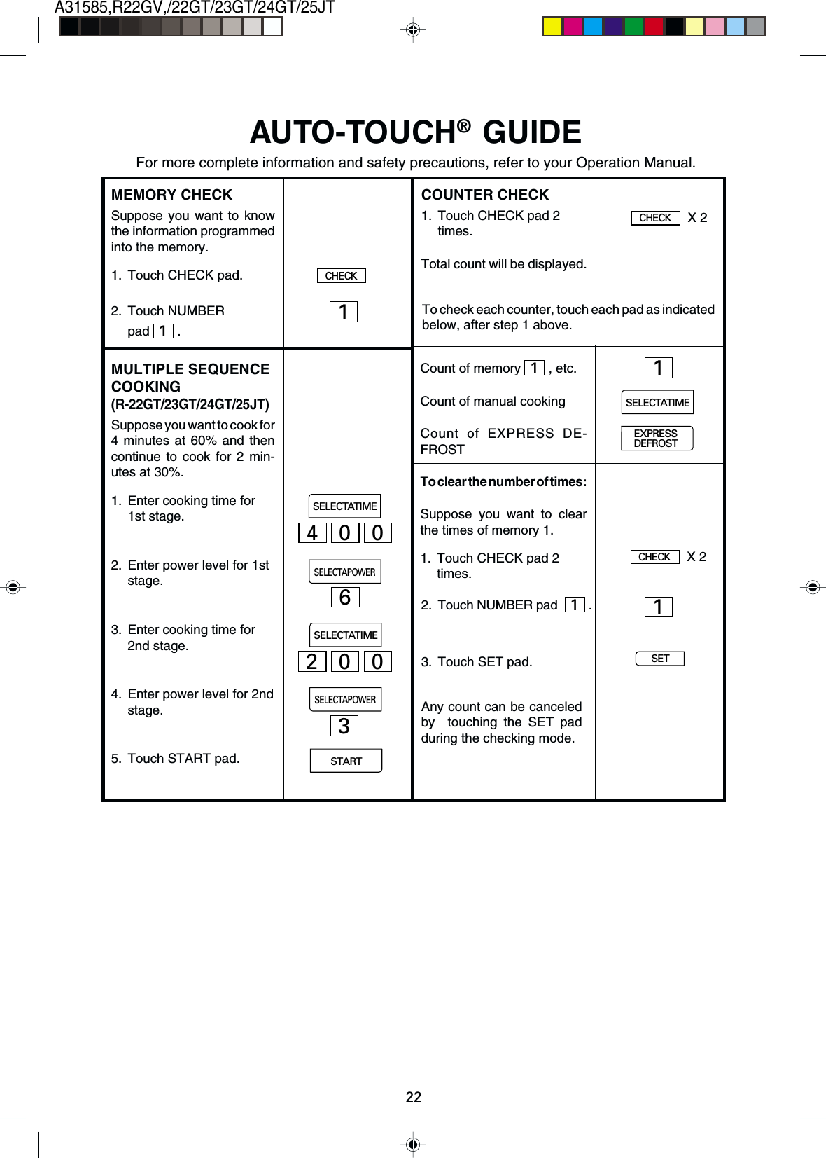 22A31585,R22GV,/22GT/23GT/24GT/25JTAUTO-TOUCH® GUIDEFor more complete information and safety precautions, refer to your Operation Manual.MEMORY CHECKSuppose you want to knowthe information programmedinto the memory.1. Touch CHECK pad.2. Touch NUMBERpad1.MULTIPLE SEQUENCECOOKING(R-22GT/23GT/24GT/25JT)Suppose you want to cook for4 minutes at 60% and thencontinue to cook for 2 min-utes at 30%.1. Enter cooking time for1st stage.2. Enter power level for 1ststage.3. Enter cooking time for2nd stage.4. Enter power level for 2ndstage.5. Touch START pad.COUNTER CHECK1. Touch CHECK pad 2times.Total count will be displayed.CHECKCHECKX 2SELECTATIMEEXPRESSDEFROSTCHECKX 2To check each counter, touch each pad as indicatedbelow, after step 1 above.1Count of memory1, etc.Count of manual cookingCount of EXPRESS DE-FROSTTo clear the number of times:Suppose you want to clearthe times of memory 1.1. Touch CHECK pad 2times.2. Touch NUMBER pad 1.3. Touch SET pad.1SETAny count can be canceledby  touching the SET padduring the checking mode.1400SELECTATIME6SELECTAPOWERSELECTATIME200SELECTAPOWER3START