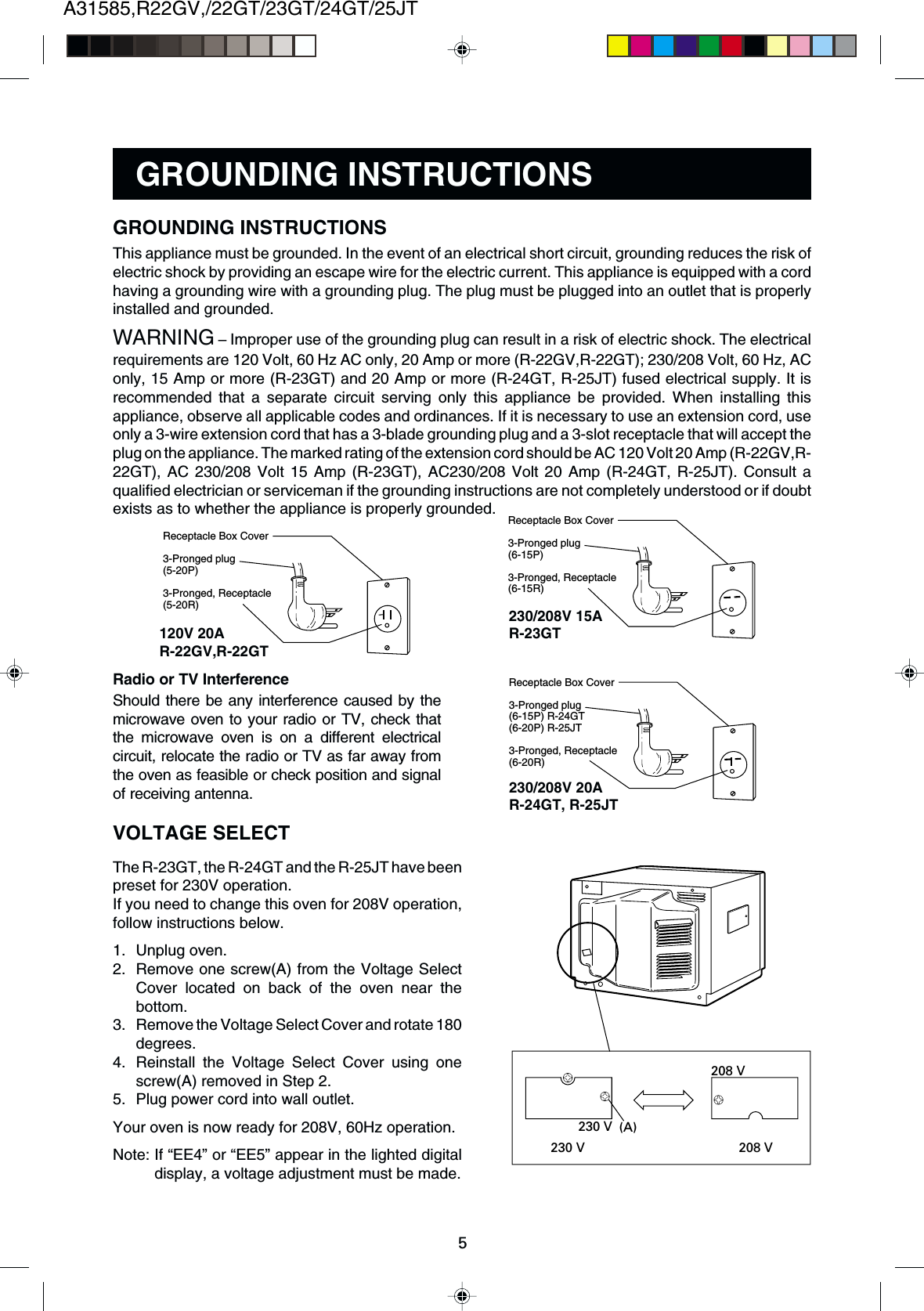 A31585,R22GV,/22GT/23GT/24GT/25JT5Receptacle Box Cover3-Pronged plug(6-15P) R-24GT(6-20P) R-25JT3-Pronged, Receptacle(6-20R)230 V230 V 208 V208 V(A)Receptacle Box Cover3-Pronged plug(6-15P)3-Pronged, Receptacle(6-15R)GROUNDING INSTRUCTIONSGROUNDING INSTRUCTIONSThis appliance must be grounded. In the event of an electrical short circuit, grounding reduces the risk ofelectric shock by providing an escape wire for the electric current. This appliance is equipped with a cordhaving a grounding wire with a grounding plug. The plug must be plugged into an outlet that is properlyinstalled and grounded.WARNING – Improper use of the grounding plug can result in a risk of electric shock. The electricalrequirements are 120 Volt, 60 Hz AC only, 20 Amp or more (R-22GV,R-22GT); 230/208 Volt, 60 Hz, AConly, 15 Amp or more (R-23GT) and 20 Amp or more (R-24GT, R-25JT) fused electrical supply. It isrecommended that a separate circuit serving only this appliance be provided. When installing thisappliance, observe all applicable codes and ordinances. If it is necessary to use an extension cord, useonly a 3-wire extension cord that has a 3-blade grounding plug and a 3-slot receptacle that will accept theplug on the appliance. The marked rating of the extension cord should be AC 120 Volt 20 Amp (R-22GV,R-22GT), AC 230/208 Volt 15 Amp (R-23GT), AC230/208 Volt 20 Amp (R-24GT, R-25JT). Consult aqualified electrician or serviceman if the grounding instructions are not completely understood or if doubtexists as to whether the appliance is properly grounded.230/208V 15AR-23GT230/208V 20AR-24GT, R-25JT120V 20AR-22GV,R-22GTReceptacle Box Cover3-Pronged plug(5-20P)3-Pronged, Receptacle(5-20R)Radio or TV InterferenceShould there be any interference caused by themicrowave oven to your radio or TV, check thatthe microwave oven is on a different electricalcircuit, relocate the radio or TV as far away fromthe oven as feasible or check position and signalof receiving antenna.VOLTAGE SELECTThe R-23GT, the R-24GT and the R-25JT have beenpreset for 230V operation.If you need to change this oven for 208V operation,follow instructions below.1. Unplug oven.2. Remove one screw(A) from the Voltage SelectCover located on back of the oven near thebottom.3. Remove the Voltage Select Cover and rotate 180degrees.4. Reinstall the Voltage Select Cover using onescrew(A) removed in Step 2.5. Plug power cord into wall outlet.Your oven is now ready for 208V, 60Hz operation.Note: If “EE4” or “EE5” appear in the lighted digitaldisplay, a voltage adjustment must be made.