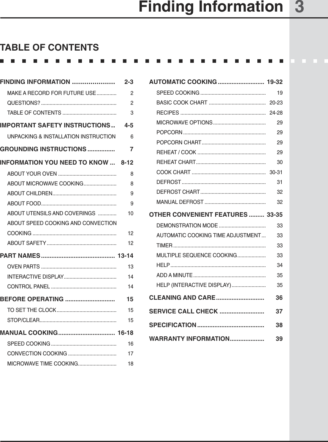 3Finding InformationTABLE OF CONTENTSFINDING INFORMATION .....................   2-3MAKE A RECORD FOR FUTURE USE ..............  2QUESTIONS? .....................................................  2TABLE OF CONTENTS ......................................  3IMPORTANT SAFETY INSTRUCTIONS ..   4-5UNPACKING &amp; INSTALLATION INSTRUCTION   6GROUNDING INSTRUCTIONS ................   7INFORMATION YOU NEED TO KNOW ...   8-12ABOUT YOUR OVEN .........................................  8ABOUT MICROWAVE COOKING .......................  8ABOUT CHILDREN .............................................  9ABOUT FOOD .....................................................  9ABOUT UTENSILS AND COVERINGS  .............  10ABOUT SPEED COOKING AND CONVECTION COOKING ...........................................................  12ABOUT SAFETY .................................................  12PART NAMES ...........................................  13-14OVEN PARTS .....................................................  13INTERACTIVE DISPLAY .....................................  14CONTROL PANEL ..............................................  14BEFORE OPERATING .............................   15TO SET THE CLOCK ..........................................  15STOP/CLEAR ......................................................  15MANUAL COOKING .................................  16-18SPEED COOKING ..............................................  16CONVECTION COOKING ..................................  17MICROWAVE TIME COOKING ...........................  18AUTOMATIC COOKING ...........................  19-32SPEED COOKING ..............................................  19BASIC COOK CHART  ........................................  20-23RECIPES ............................................................  24-28MICROWAVE OPTIONS .....................................  29POPCORN ..........................................................  29POPCORN CHART .............................................  29REHEAT / COOK ................................................  29REHEAT CHART .................................................  30COOK CHART ....................................................  30-31DEFROST ...........................................................  31DEFROST CHART ..............................................  32MANUAL DEFROST ...........................................  32OTHER CONVENIENT FEATURES .........  33-35DEMONSTRATION MODE .................................  33AUTOMATIC COOKING TIME ADJUSTMENT ...  33TIMER .................................................................  33MULTIPLE SEQUENCE COOKING ....................  33HELP ...................................................................  34ADD A MINUTE ...................................................  35HELP (INTERACTIVE DISPLAY) ........................  35CLEANING AND CARE ............................   36SERVICE CALL CHECK ..........................   37SPECIFICATION .......................................   38WARRANTY INFORMATION ....................   39