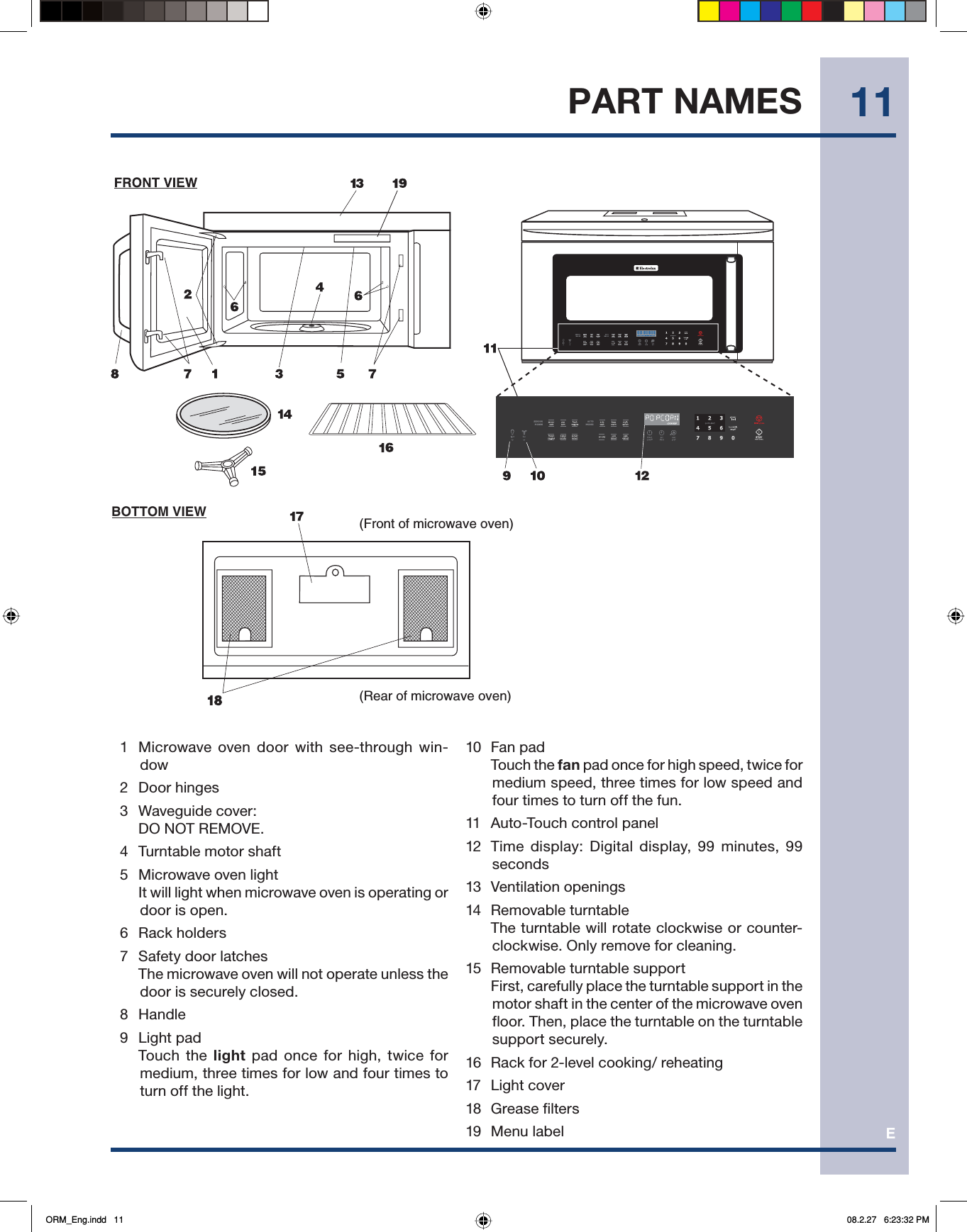 E11 1  Microwave oven door with see-through win-dow 2  Door hinges 3  Waveguide cover:  DO NOT REMOVE.  4  Turntable motor shaft 5  Microwave oven light    It will light when microwave oven is operating or door is open. 6  Rack holders  7  Safety door latches    The microwave oven will not operate unless the door is securely closed. 8  Handle 9  Light pad  Touch the light pad once for high, twice for medium, three times for low and four times to turn off the light.(Front of microwave oven)(Rear of microwave oven)BOTTOM VIEWPART NAMES10 Fan pad  Touch the fan pad once for high speed, twice for medium speed, three times for low speed and four times to turn off the fun.11  Auto-Touch control panel12  Time display: Digital display, 99 minutes, 99 seconds13 Ventilation openings14 Removable turntable    The turntable will rotate clockwise or counter-clockwise. Only remove for cleaning.15  Removable turntable support    First, carefully place the turntable support in the motor shaft in the center of the microwave oven floor. Then, place the turntable on the turntable support securely.16  Rack for 2-level cooking/ reheating17 Light cover18 Grease filters19 Menu labelORM_Eng.indd   11ORM_Eng.indd   11 08.2.27   6:23:32 PM08.2.27   6:23:32 PM