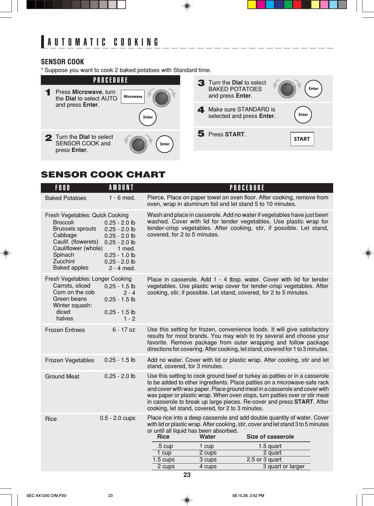 23AUTOMATIC COOKINGSENSOR COOK*Suppose you want to cook 2 baked potatoes with Standard time.PROCEDURE1Turn the Dial to selectSENSOR COOK andpress Enter.2Press Microwave, turnthe Dial to select AUTOand press Enter.Make sure STANDARD isselected and press Enter.4Press START.5SENSOR COOK CHARTPierce. Place on paper towel on oven floor. After cooking, remove fromoven, wrap in aluminum foil and let stand 5 to 10 minutes.Wash and place in casserole. Add no water if vegetables have just beenwashed. Cover with lid for tender vegetables. Use plastic wrap fortender-crisp vegetables. After cooking, stir, if possible. Let stand,covered, for 2 to 5 minutes.FOOD PROCEDUREAMOUNTBaked Potatoes 1 - 6 med.Fresh Vegetables: Quick Cooking0.25 - 2.0 lb0.25 - 2.0 lb0.25 - 2.0 lb0.25 - 2.0 lb1 med.0.25 - 1.0 lb0.25 - 2.0 lb2 - 4 med.BroccoliBrussels sproutsCabbageCaulif. (flowerets)Cauliflower (whole)SpinachZucchiniBaked applesFresh Vegetables: Longer Cooking0.25 - 1.5 lb2 - 40.25 - 1.5 lb0.25 - 1.5 lb1 - 2Carrots, slicedCorn on the cobGreen beansWinter squash:  diced  halvesPlace in casserole. Add 1 - 4 tbsp. water. Cover with lid for tendervegetables. Use plastic wrap cover for tender-crisp vegetables. Aftercooking, stir, if possible. Let stand, covered, for 2 to 5 minutes.Use this setting for frozen, convenience foods. It will give satisfactoryresults for most brands. You may wish to try several and choose yourfavorite. Remove package from outer wrapping and follow packagedirections for covering. After cooking, let stand, covered for 1 to 3 minutes.Frozen Entrees 6 - 17 ozTurn the Dial to selectBAKED POTATOESand press Enter.3Use this setting to cook ground beef or turkey as patties or in a casseroleto be added to other ingredients. Place patties on a microwave-safe rackand cover with wax paper. Place ground meat in a casserole and cover withwax paper or plastic wrap. When oven stops, turn patties over or stir meatin casserole to break up large pieces. Re-cover and press START. Aftercooking, let stand, covered, for 2 to 3 minutes.Ground Meat 0.25 - 2.0 lbPlace rice into a deep casserole and add double quantity of water. Coverwith lid or plastic wrap. After cooking, stir, cover and let stand 3 to 5 minutesor until all liquid has been absorbed.Rice 0.5 - 2.0 cupsAdd no water. Cover with lid or plastic wrap. After cooking, stir and letstand, covered, for 3 minutes.Frozen Vegetables 0.25 - 1.5 lbRice Water Size of casserole.5 cup 1 cup 1.5 quart1 cup 2 cups 2 quart1.5 cups 3 cups 2.5 or 3 quart   2 cups 4 cups           3 quart or largerSEC AX1200 O/M,P20- 08.10.28, 2:52 PM23
