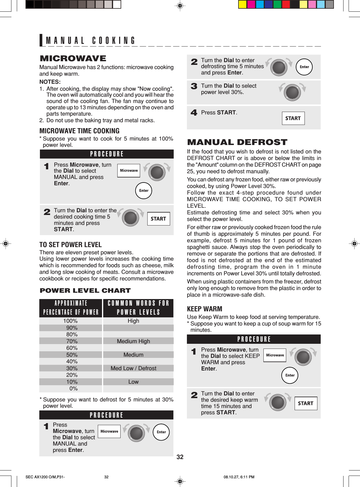 32MANUAL COOKINGMICROWAVEManual Microwave has 2 functions: microwave cookingand keep warm.NOTES:1. After cooking, the display may show &quot;Now cooling&quot;.The oven will automatically cool and you will hear thesound of the cooling fan. The fan may continue tooperate up to 13 minutes depending on the oven andparts temperature.2. Do not use the baking tray and metal racks.MICROWAVE TIME COOKING*Suppose you want to cook for 5 minutes at 100%power level.PROCEDURE1Turn the Dial to enter thedesired cooking time 5minutes and pressSTART.2Press Microwave, turnthe Dial to selectMANUAL and pressEnter.TO SET POWER LEVELThere are eleven preset power levels.Using lower power levels increases the cooking timewhich is recommended for foods such as cheese, milkand long slow cooking of meats. Consult a microwavecookbook or recipes for specific recommendations.MANUAL DEFROSTIf the food that you wish to defrost is not listed on theDEFROST CHART or is above or below the limits inthe &quot;Amount&quot; column on the DEFROST CHART on page25, you need to defrost manually.You can defrost any frozen food, either raw or previouslycooked, by using Power Level 30%.Follow the exact 4-step procedure found underMICROWAVE TIME COOKING, TO SET POWERLEVEL.Estimate defrosting time and select 30% when youselect the power level.For either raw or previously cooked frozen food the ruleof thumb is approximately 5 minutes per pound. Forexample, defrost 5 minutes for 1 pound of frozenspaghetti sauce. Always stop the oven periodically toremove or separate the portions that are defrosted. Iffood is not defrosted at the end of the estimateddefrosting time, program the oven in 1 minuteincrements on Power Level 30% until totally defrosted.When using plastic containers from the freezer, defrostonly long enough to remove from the plastic in order toplace in a microwave-safe dish.KEEP WARMUse Keep Warm to keep food at serving temperature.*Suppose you want to keep a cup of soup warm for 15minutes.PROCEDURE1Turn the Dial to enterthe desired keep warmtime 15 minutes andpress START.2Press Microwave, turnthe Dial to select KEEPWARM and pressEnter.Turn the Dial to enterdefrosting time 5 minutesand press Enter.2Turn the Dial to selectpower level 30%.3Press START.4POWER LEVEL CHARTAPPROXIMATEPERCENTAGE OF POWERCOMMON WORDS FORPOWER LEVELS100%90%80%70%60%50%40%30%20%10%0%HighMedium HighMediumMed Low / DefrostLow*Suppose you want to defrost for 5 minutes at 30%power level.PROCEDURE1PressMicrowave, turnthe Dial to selectMANUAL andpress Enter.SEC AX1200 O/M,P31- 08.10.27, 6:11 PM32