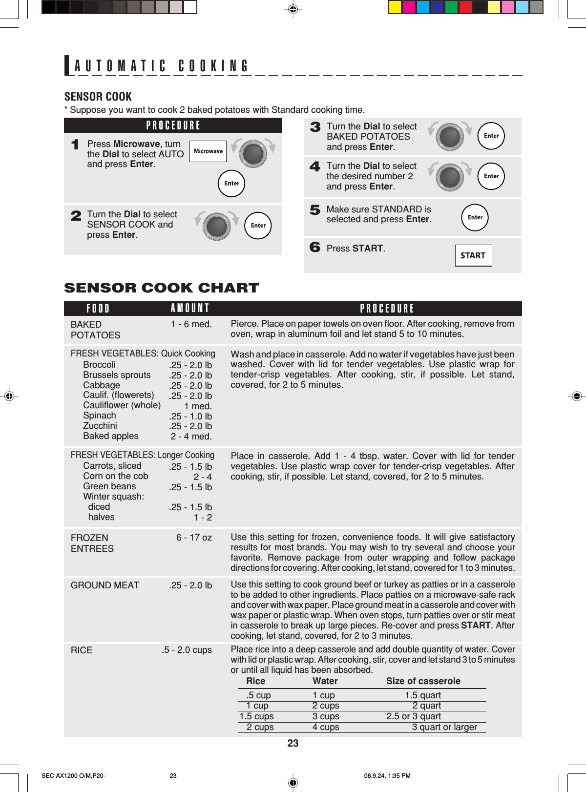 23AUTOMATIC COOKINGSENSOR COOK* Suppose you want to cook 2 baked potatoes with Standard cooking time.PROCEDURE1Turn the Dial to selectSENSOR COOK andpress Enter.2Press Microwave, turnthe Dial to select AUTOand press Enter.4Make sure STANDARD isselected and press Enter.5Turn the Dial to selectthe desired number 2and press Enter.Press START.6SENSOR COOK CHARTPierce. Place on paper towels on oven floor. After cooking, remove fromoven, wrap in aluminum foil and let stand 5 to 10 minutes.Wash and place in casserole. Add no water if vegetables have just beenwashed. Cover with lid for tender vegetables. Use plastic wrap fortender-crisp vegetables. After cooking, stir, if possible. Let stand,covered, for 2 to 5 minutes.FOOD PROCEDUREAMOUNTBAKEDPOTATOES1 - 6 med.FRESH VEGETABLES: Quick Cooking.25 - 2.0 lb.25 - 2.0 lb.25 - 2.0 lb.25 - 2.0 lb1 med..25 - 1.0 lb.25 - 2.0 lb2 - 4 med.BroccoliBrussels sproutsCabbageCaulif. (flowerets)Cauliflower (whole)SpinachZucchiniBaked applesFRESH VEGETABLES: Longer Cooking.25 - 1.5 lb2 - 4.25 - 1.5 lb.25 - 1.5 lb1 - 2Carrots, slicedCorn on the cobGreen beansWinter squash:  diced  halvesPlace in casserole. Add 1 - 4 tbsp. water. Cover with lid for tendervegetables. Use plastic wrap cover for tender-crisp vegetables. Aftercooking, stir, if possible. Let stand, covered, for 2 to 5 minutes.Use this setting for frozen, convenience foods. It will give satisfactoryresults for most brands. You may wish to try several and choose yourfavorite. Remove package from outer wrapping and follow packagedirections for covering. After cooking, let stand, covered for 1 to 3 minutes.FROZENENTREES6 - 17 ozUse this setting to cook ground beef or turkey as patties or in a casseroleto be added to other ingredients. Place patties on a microwave-safe rackand cover with wax paper. Place ground meat in a casserole and cover withwax paper or plastic wrap. When oven stops, turn patties over or stir meatin casserole to break up large pieces. Re-cover and press START. Aftercooking, let stand, covered, for 2 to 3 minutes.GROUND MEAT .25 - 2.0 lbPlace rice into a deep casserole and add double quantity of water. Coverwith lid or plastic wrap. After cooking, stir, cover and let stand 3 to 5 minutesor until all liquid has been absorbed.RICE .5 - 2.0 cupsRice Water Size of casserole.5 cup 1 cup 1.5 quart1 cup 2 cups 2 quart1.5 cups 3 cups 2.5 or 3 quart   2 cups 4 cups           3 quart or largerTurn the Dial to selectBAKED POTATOESand press Enter.3SEC AX1200 O/M,P20- 08.9.24, 1:35 PM23