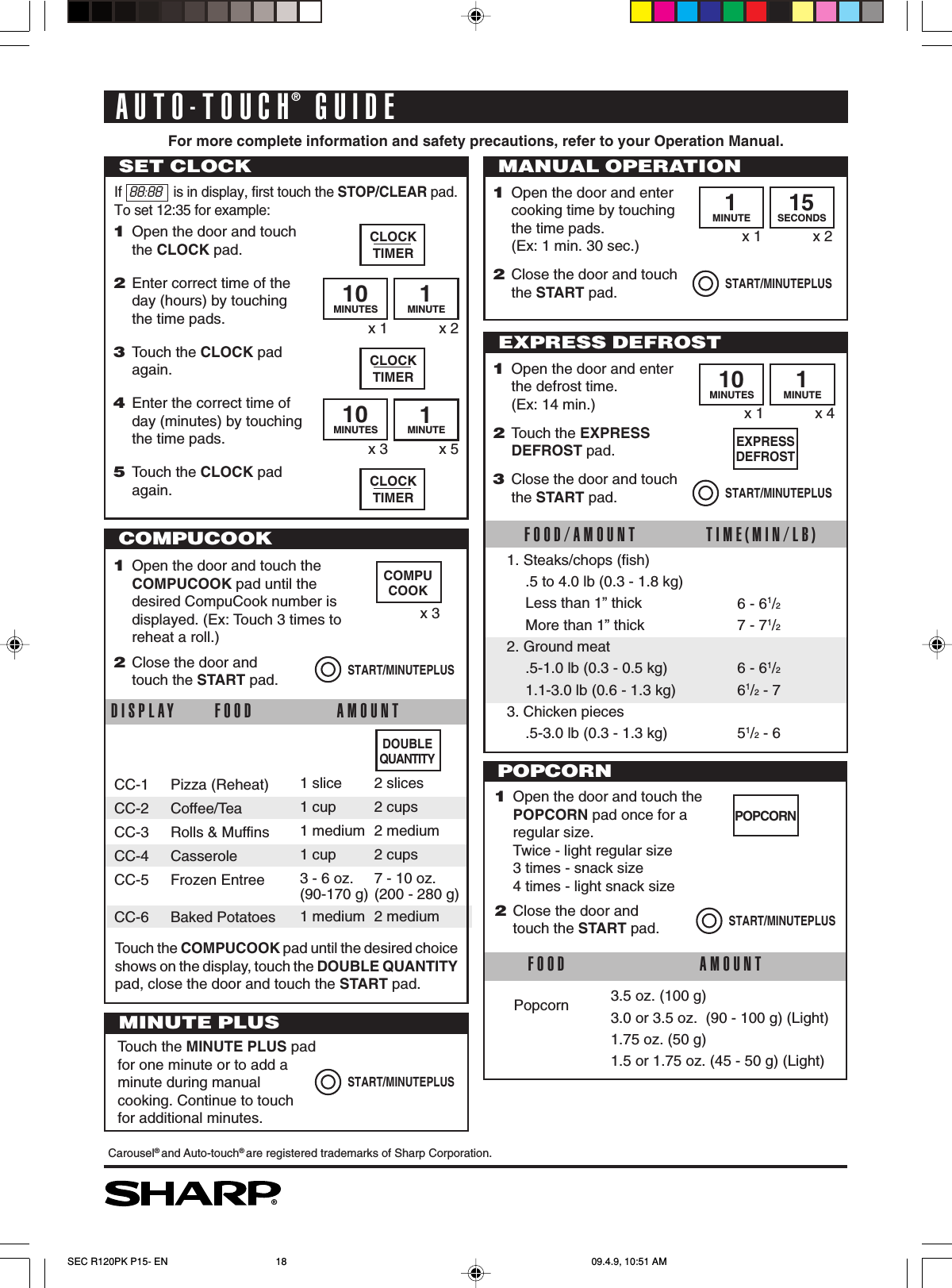 18AUTO-TOUCH® GUIDEFor more complete information and safety precautions, refer to your Operation Manual.SET CLOCK1Open the door and touchthe CLOCK pad.2Enter correct time of theday (hours) by touchingthe time pads.3Touch the CLOCK padagain.4Enter the correct time ofday (minutes) by touchingthe time pads.5Touch the CLOCK padagain.If  88:88   is in display, first touch the STOP/CLEAR pad.To set 12:35 for example:MANUAL OPERATION1Open the door and entercooking time by touchingthe time pads.(Ex: 1 min. 30 sec.)2Close the door and touchthe START pad.®Carousel® and Auto-touch® are registered trademarks of Sharp Corporation.FOOD/AMOUNT TIME(MIN/LB)1. Steaks/chops (fish).5 to 4.0 lb (0.3 - 1.8 kg)Less than 1” thickMore than 1” thick2. Ground meat.5-1.0 lb (0.3 - 0.5 kg)1.1-3.0 lb (0.6 - 1.3 kg)3. Chicken pieces.5-3.0 lb (0.3 - 1.3 kg)6 - 61/27 - 71/26 - 61/261/2 - 751/2 - 6POPCORNFOOD AMOUNTCC-1 Pizza (Reheat)CC-2 Coffee/TeaCC-3 Rolls &amp; MuffinsCC-4 CasseroleCC-5 Frozen EntreeCC-6 Baked Potatoes1 slice 2 slices1 cup 2 cups1 medium 2 medium1 cup 2 cups3 - 6 oz. 7 - 10 oz.(90-170 g) (200 - 280 g)1 medium 2 mediumFOOD AMOUNTPopcorn 3.5 oz. (100 g)3.0 or 3.5 oz.  (90 - 100 g) (Light)1.75 oz. (50 g)1.5 or 1.75 oz. (45 - 50 g) (Light)CLOCKTIMERx 1 x 210MINUTES 1MINUTECLOCKTIMERx 3 x 510MINUTES 1MINUTECLOCKTIMERx 1 x 21MINUTE 15SECONDSSTART/MINUTEPLUSEXPRESS DEFROST1Open the door and enterthe defrost time.(Ex: 14 min.)2Touch the EXPRESSDEFROST pad.3Close the door and touchthe START pad.x 1 x 410MINUTES 1MINUTEEXPRESSDEFROSTSTART/MINUTEPLUSCOMPUCOOK1Open the door and touch theCOMPUCOOK pad until thedesired CompuCook number isdisplayed. (Ex: Touch 3 times toreheat a roll.)2Close the door andtouch the START pad.x 3COMPUCOOKSTART/MINUTEPLUSDISPLAYDOUBLEQUANTITYTouch the COMPUCOOK pad until the desired choiceshows on the display, touch the DOUBLE QUANTITYpad, close the door and touch the START pad.MINUTE PLUSTouch the MINUTE PLUS padfor one minute or to add aminute during manualcooking. Continue to touchfor additional minutes.START/MINUTEPLUS1Open the door and touch thePOPCORN pad once for aregular size.Twice - light regular size3 times - snack size4 times - light snack size2Close the door andtouch the START pad.START/MINUTEPLUSPOPCORNSEC R120PK P15- EN 09.4.9, 10:51 AM18