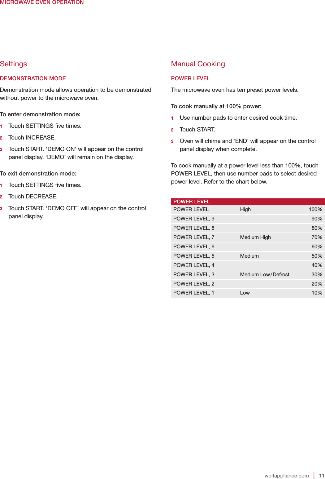 wolfappliance.com   |   11Manual CookingPOWER LEVELThe microwave oven has ten preset power levels.To cook manually at 100% power:1   Use number pads to enter desired cook time.2   Touch  START.3   Oven will chime and ‘END’ will appear on the control panel display when complete.To cook manually at a power level less than 100%, touch POWER LEVEL, then use number pads to select desired power level. Refer to the chart below.POWER LEVELPOWER LEVEL High 100%POWER LEVEL, 9 90%POWER LEVEL, 8 80%POWER LEVEL, 7 Medium High 70%POWER LEVEL, 6 60%POWER LEVEL, 5 Medium 50%POWER LEVEL, 4 40%POWER LEVEL, 3 Medium Low/Defrost 30%POWER LEVEL, 2 20%POWER LEVEL, 1 Low 10%MICROWAVE OVEN OPERATIONSettingsDEMONSTRATION MODEDemonstration mode allows operation to be demonstrated without power to the microwave oven.To enter demonstration mode:1   Touch SETTINGS ve times.2   Touch  INCREASE.3   Touch START. ‘DEMO ON’ will appear on the control panel display. ‘DEMO’ will remain on the display.To exit demonstration mode:1   Touch SETTINGS ve times.2   Touch  DECREASE.3   Touch START. ‘DEMO OFF’ will appear on the control panel display. 