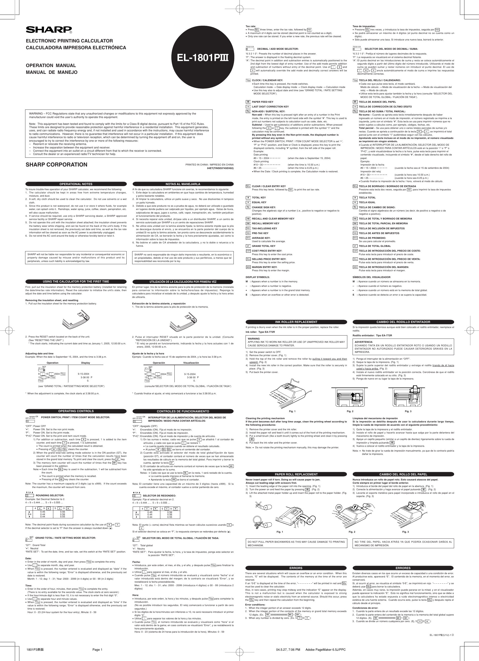 Page 1 of 2 - Sharp El-1801Piii-Operation-Manual EL-1801PIII Operation Manual