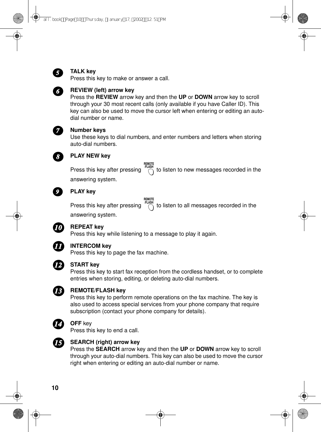 10TALK keyPress this key to make or answer a call. REVIEW (left) arrow keyPress the REVIEW arrow key and then the UP or DOWN arrow key to scroll through your 30 most recent calls (only available if you have Caller ID). This key can also be used to move the cursor left when entering or editing an auto-dial number or name.Number keysUse these keys to dial numbers, and enter numbers and letters when storing auto-dial numbers. PLAY NEW keyPress this key after pressing   to listen to new messages recorded in the answering system. PLAY keyPress this key after pressing   to listen to all messages recorded in the answering system. REPEAT keyPress this key while listening to a message to play it again.INTERCOM keyPress this key to page the fax machine. START keyPress this key to start fax reception from the cordless handset, or to complete entries when storing, editing, or deleting auto-dial numbers.REMOTE/FLASH keyPress this key to perform remote operations on the fax machine. The key is also used to access special services from your phone company that require subscription (contact your phone company for details).OFF keyPress this key to end a call.SEARCH (right) arrow keyPress the SEARCH arrow key and then the UP or DOWN arrow key to scroll through your auto-dial numbers. This key can also be used to move the cursor right when entering or editing an auto-dial number or name.REMOTE/FLASHREMOTE/FLASH67812111091314155all.bookPage10Thursday,January17,200212:51PM