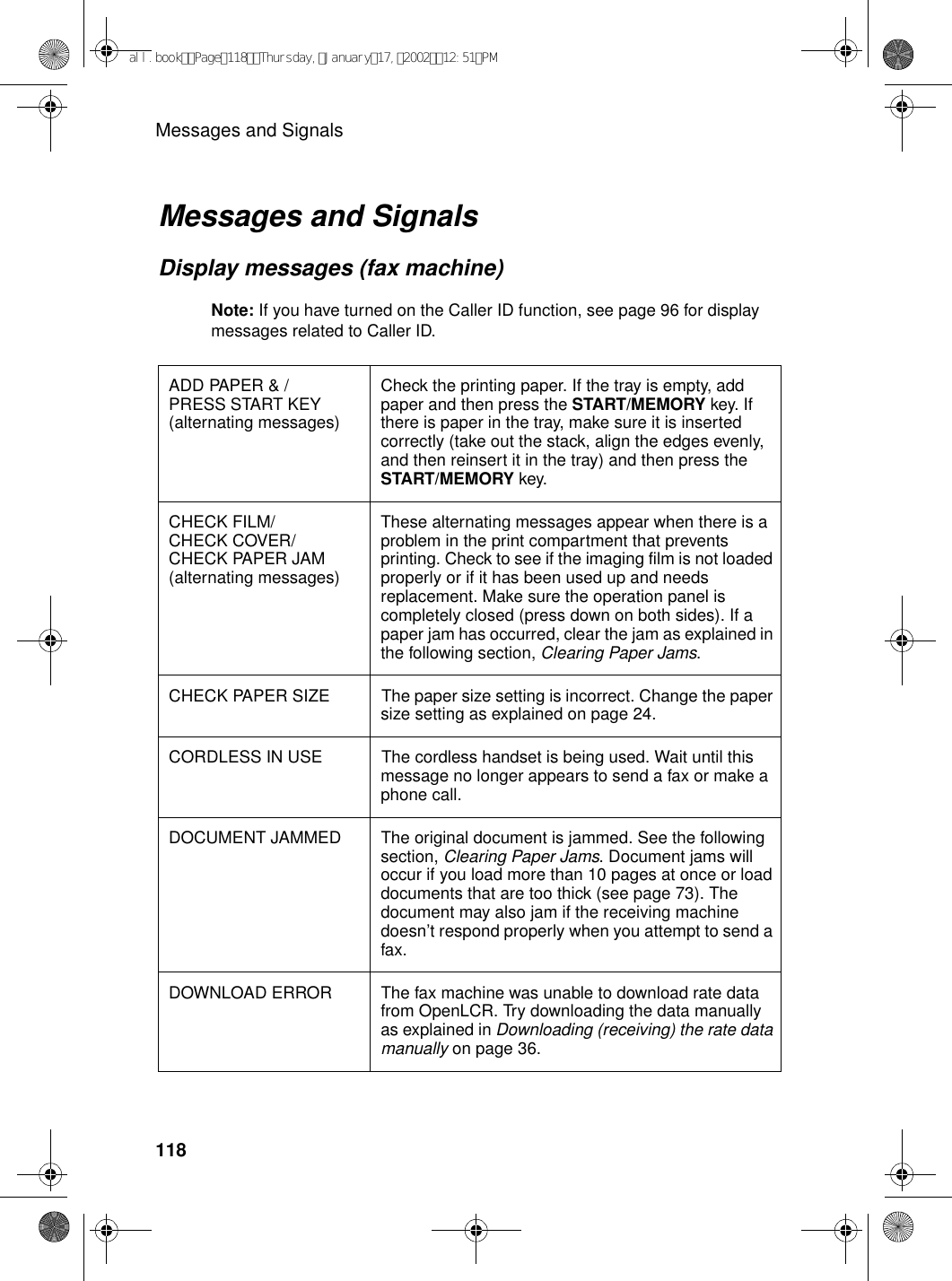 Messages and Signals118Messages and SignalsDisplay messages (fax machine)Note: If you have turned on the Caller ID function, see page 96 for display messages related to Caller ID.ADD PAPER &amp; /PRESS START KEY(alternating messages)Check the printing paper. If the tray is empty, add paper and then press the START/MEMORY key. If there is paper in the tray, make sure it is inserted correctly (take out the stack, align the edges evenly, and then reinsert it in the tray) and then press the START/MEMORY key.CHECK FILM/CHECK COVER/CHECK PAPER JAM(alternating messages)These alternating messages appear when there is a problem in the print compartment that prevents printing. Check to see if the imaging film is not loaded properly or if it has been used up and needs replacement. Make sure the operation panel is completely closed (press down on both sides). If a paper jam has occurred, clear the jam as explained in the following section, Clearing Paper Jams.CHECK PAPER SIZE The paper size setting is incorrect. Change the paper size setting as explained on page 24.CORDLESS IN USE The cordless handset is being used. Wait until this message no longer appears to send a fax or make a phone call.DOCUMENT JAMMED The original document is jammed. See the following section, Clearing Paper Jams. Document jams will occur if you load more than 10 pages at once or load documents that are too thick (see page 73). The document may also jam if the receiving machine doesn’t respond properly when you attempt to send a fax.DOWNLOAD ERROR The fax machine was unable to download rate data from OpenLCR. Try downloading the data manually as explained in Downloading (receiving) the rate data manually on page 36.all.bookPage118Thursday,January17,200212:51PM