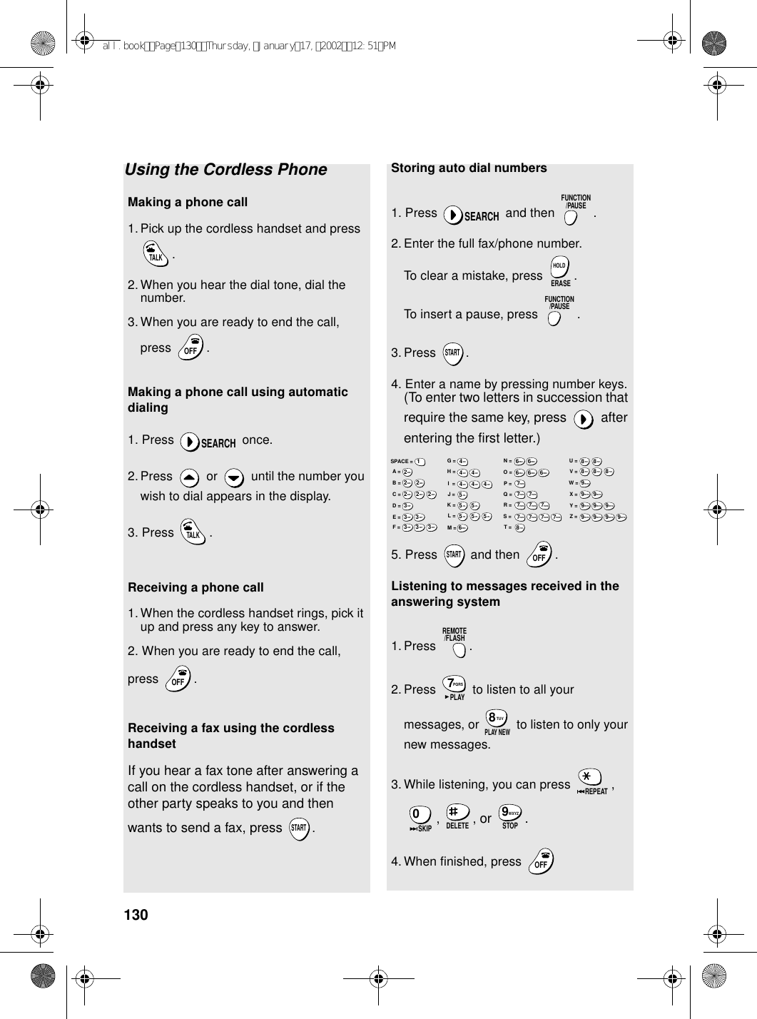 130Using the Cordless PhoneMaking a phone call1. Pick up the cordless handset and press .2. When you hear the dial tone, dial the number. 3.When you are ready to end the call, press . Making a phone call using automatic dialing1. Press   once.2. Press   or   until the number you wish to dial appears in the display.3. Press  .Receiving a phone call1.When the cordless handset rings, pick it up and press any key to answer.2. When you are ready to end the call, press .Receiving a fax using the cordless handsetIf you hear a fax tone after answering a call on the cordless handset, or if the other party speaks to you and then wants to send a fax, press .TALKOFFOFFSEARCHTALKOFFOFFSTARTStoring auto dial numbers1. Press   and then  .2. Enter the full fax/phone number.To clear a mistake, press  .To insert a pause, press  .3. Press .4. Enter a name by pressing number keys. (To enter two letters in succession that require the same key, press   after entering the first letter.)5. Press   and then  .Listening to messages received in the answering system1. Press .2. Press   to listen to all your messages, or   to listen to only your new messages.3. While listening, you can press  , , , or .4. When finished, press SEARCHFUNCTION/PAUSEERASEHOLDFUNCTION/PAUSESTARTSTARTOFFOFFREMOTE/FLASHPQRS7PLAYTUV8PLAY NEWREPEAT0SKIP DELETE STOPWXYZ9OFFOFFA =B =C =D =E =F =G =H =I  =J =K =L =M =N =O =P =Q =R =S =T =U =V =W =X =Y =Z =SPACE =WXYZ9WXYZ9WXYZ9WXYZ9WXYZ9WXYZ9WXYZ9WXYZ9WXYZ9WXYZ9TUV8TUV8TUV8TUV8TUV8TUV8PQRS7PQRS7PQRS7PQRS7PQRS7PQRS7PQRS7PQRS7PQRS7PQRS7MNO6MNO6MNO6MNO6MNO6JKL5JKL5JKL5MNO6JKL5JKL5JKL5GHI4GHI4GHI4GHI4GHI4GHI4DEF3DEF3DEF3DEF3DEF3DEF3ABC2ABC2ABC2ABC2ABC2ABC21all.bookPage130Thursday,January17,200212:51PM