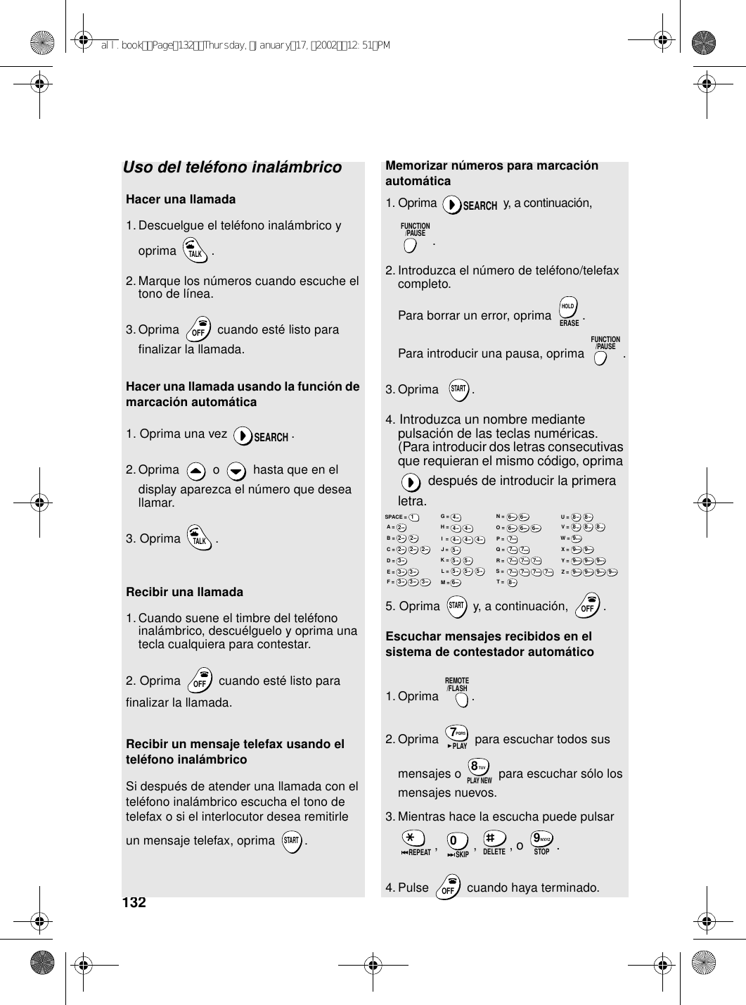 132Uso del teléfono inalámbricoHacer una llamada1. Descuelgue el teléfono inalámbrico y oprima .2.Marque los números cuando escuche el tono de línea.3. Oprima   cuando esté listo para finalizar la llamada.  Hacer una llamada usando la función de marcación automática1. Oprima una vez  .2. Oprima   o   hasta que en el display aparezca el número que desea llamar.3. Oprima  .Recibir una llamada1. Cuando suene el timbre del teléfono inalámbrico, descuélguelo y oprima una tecla cualquiera para contestar.2. Oprima   cuando esté listo para finalizar la llamada.Recibir un mensaje telefax usando el teléfono inalámbricoSi después de atender una llamada con el teléfono inalámbrico escucha el tono de telefax o si el interlocutor desea remitirle un mensaje telefax, oprima  .TALKOFFOFFSEARCHTALKOFFOFFSTARTMemorizar números para marcación automática1. Oprima   y, a continuación, .2. Introduzca el número de teléfono/telefax completo.Para borrar un error, oprima  .Para introducir una pausa, oprima  .3. Oprima   .4. Introduzca un nombre mediante pulsación de las teclas numéricas.(Para introducir dos letras consecutivas que requieran el mismo código, oprima  después de introducir la primera letra.5. Oprima   y, a continuación, .Escuchar mensajes recibidos en el sistema de contestador automático1. Oprima .2. Oprima   para escuchar todos sus mensajes o   para escuchar sólo los mensajes nuevos.  3. Mientras hace la escucha puede pulsar , , , o .4. Pulse   cuando haya terminado.  SEARCHFUNCTION/PAUSEERASEHOLDFUNCTION/PAUSESTARTSTARTOFFOFFREMOTE/FLASHPQRS7PLAYTUV8PLAY NEWREPEAT0SKIP DELETE STOPWXYZ9OFFOFFA =B =C =D =E =F =G =H =I  =J =K =L =M =N =O =P =Q =R =S =T =U =V =W =X =Y =Z =SPACE =WXYZ9WXYZ9WXYZ9WXYZ9WXYZ9WXYZ9WXYZ9WXYZ9WXYZ9WXYZ9TUV8TUV8TUV8TUV8TUV8TUV8PQRS7PQRS7PQRS7PQRS7PQRS7PQRS7PQRS7PQRS7PQRS7PQRS7MNO6MNO6MNO6MNO6MNO6JKL5JKL5JKL5MNO6JKL5JKL5JKL5GHI4GHI4GHI4GHI4GHI4GHI4DEF3DEF3DEF3DEF3DEF3DEF3ABC2ABC2ABC2ABC2ABC2ABC21all.bookPage132Thursday,January17,200212:51PM