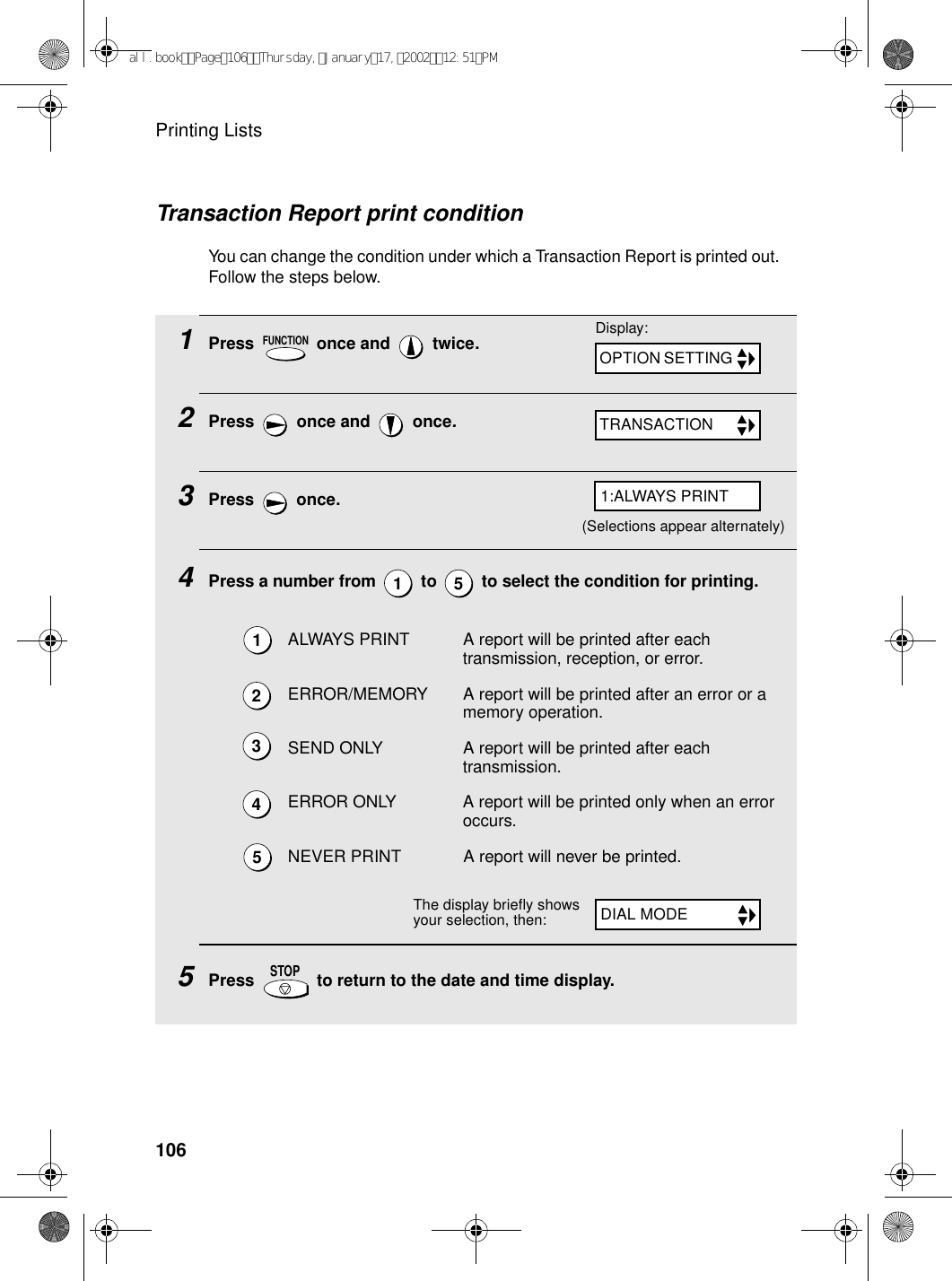 Printing Lists106Transaction Report print conditionYou can change the condition under which a Transaction Report is printed out. Follow the steps below.1Press   once and   twice.2Press   once and   once.3Press  once.4Press a number from   to   to select the condition for printing.5Press   to return to the date and time display.ALWAYS PRINT A report will be printed after each transmission, reception, or error.ERROR/MEMORY A report will be printed after an error or a memory operation.SEND ONLY A report will be printed after each transmission.ERROR ONLY A report will be printed only when an error occurs.NEVER PRINT A report will never be printed.FUNCTION1 5STOPDisplay:The display briefly shows your selection, then:12345OPTION SETTING TRANSACTION DIAL MODE 1:ALWAYS PRINT(Selections appear alternately)all.bookPage106Thursday,January17,200212:51PM