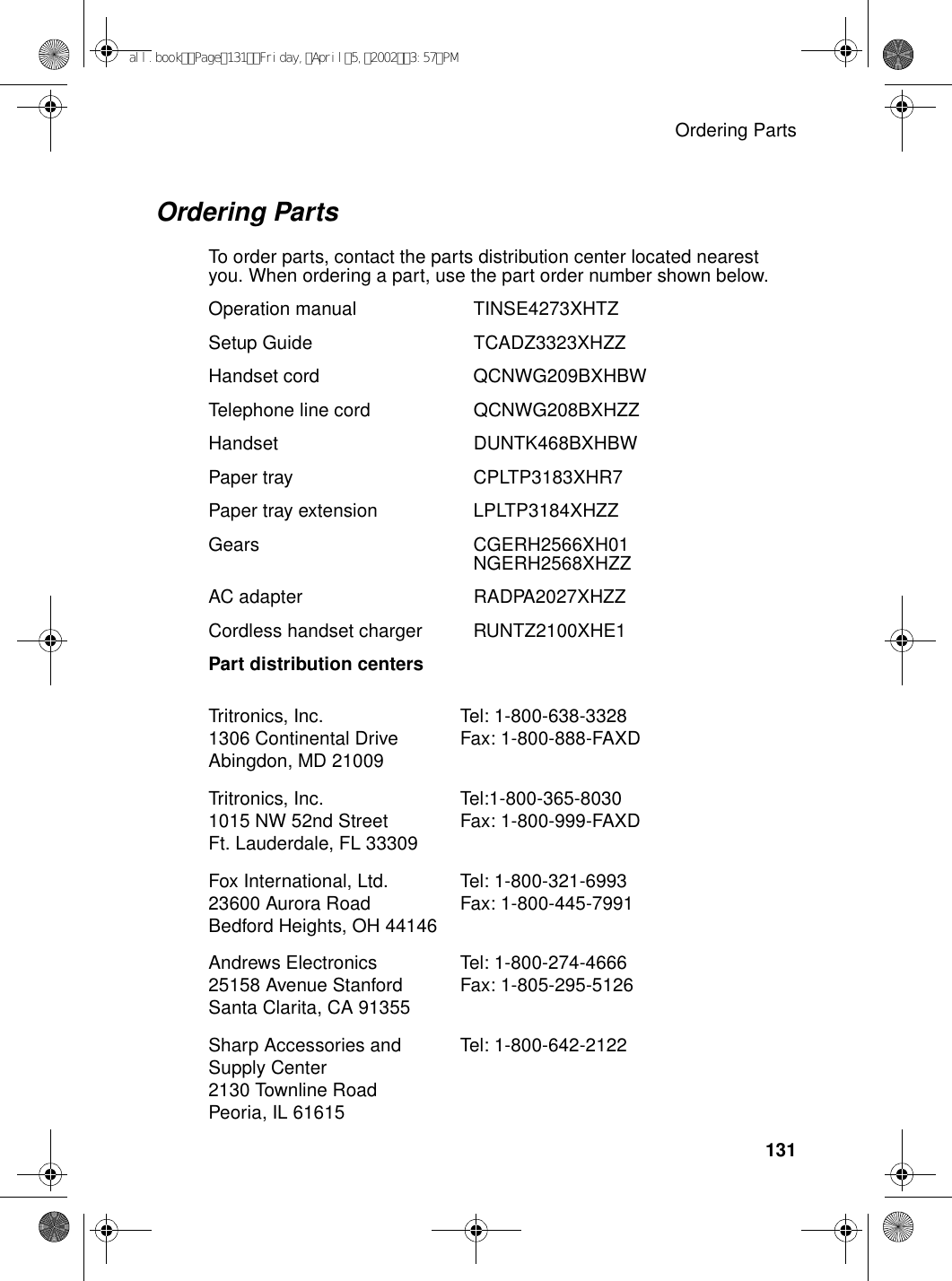 Ordering Parts131Ordering PartsTo order parts, contact the parts distribution center located nearest you. When ordering a part, use the part order number shown below. Operation manual  TINSE4273XHTZSetup Guide TCADZ3323XHZZHandset cord QCNWG209BXHBWTelephone line cord QCNWG208BXHZZHandset DUNTK468BXHBWPaper tray CPLTP3183XHR7Paper tray extension  LPLTP3184XHZZGears CGERH2566XH01NGERH2568XHZZAC adapter RADPA2027XHZZCordless handset charger RUNTZ2100XHE1Part distribution centers Tritronics, Inc. 1306 Continental Drive Abingdon, MD 21009Tel: 1-800-638-3328 Fax: 1-800-888-FAXD Tritronics, Inc. 1015 NW 52nd Street Ft. Lauderdale, FL 33309Tel:1-800-365-8030 Fax: 1-800-999-FAXDFox International, Ltd. 23600 Aurora Road Bedford Heights, OH 44146Tel: 1-800-321-6993 Fax: 1-800-445-7991Andrews Electronics 25158 Avenue Stanford Santa Clarita, CA 91355Tel: 1-800-274-4666 Fax: 1-805-295-5126Sharp Accessories and Supply Center 2130 Townline Road Peoria, IL 61615Tel: 1-800-642-2122all.bookPage131Friday,April5,20023:57PM